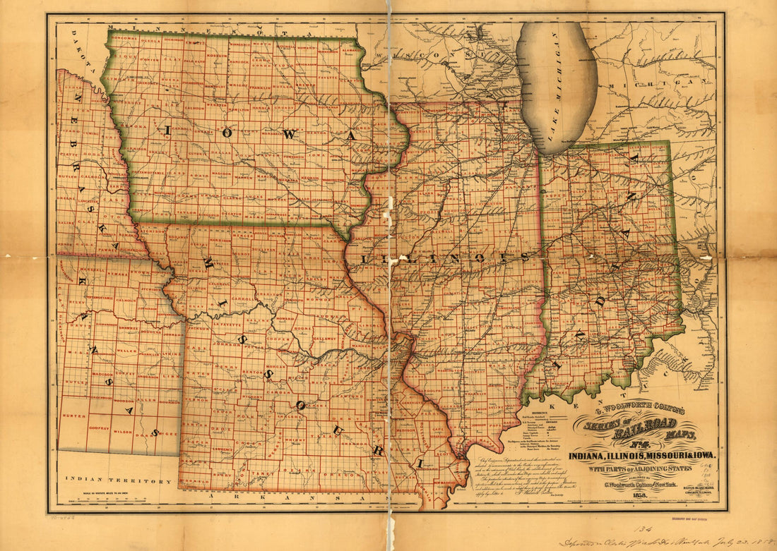 This old map of Indiana, Illinois, Missouri &amp; Iowa With Parts of Adjoining States from 1858 was created by Rufus Blanchard, G. Woolworth (George Woolworth) Colton in 1858