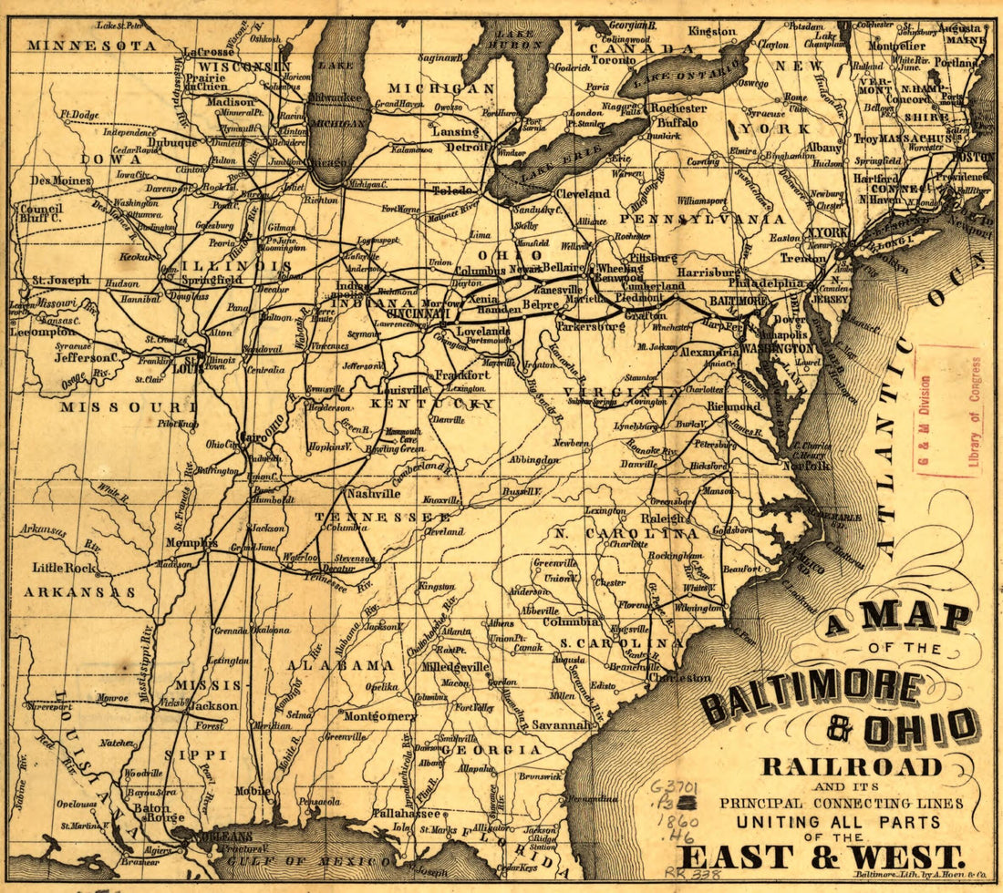 This old map of A Map of the Baltimore &amp; Ohio Railroad and Its Principal Connecting Lines Uniting All Parts of the East &amp; West from 1860 was created by  A. Hoen &amp; Co in 1860