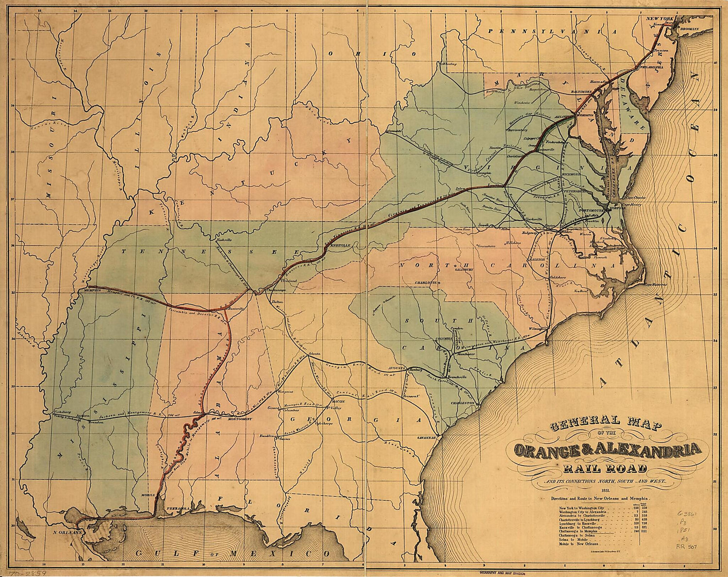 This old map of General Map of the Orange &amp; Alexandria Rail Road and Its Connections North, South, and West from 1851 was created by  Ackerman Lithr in 1851