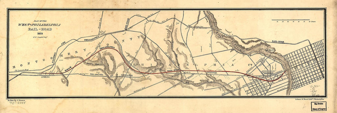 This old map of Philadelphia Rail-Road from 1835 was created by Henry R. Campbell, Gustavus Kramm,  Lehman &amp; Duval Lithrs in 1835