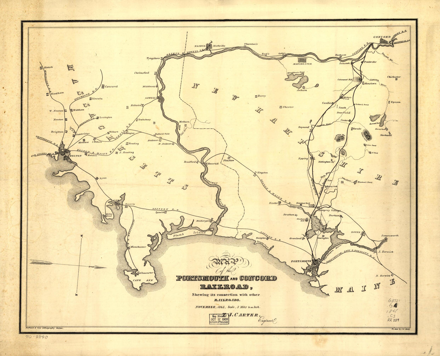 This old map of Map of the Portsmouth and Concord Railroad, Shewing Its Connection With Other Railroads from 1845 was created by T. J. Carter,  J.H. Bufford &amp; Co in 1845