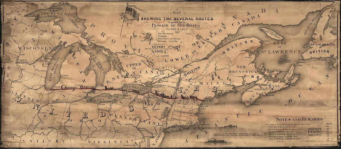 This old map of Map Shewing the Several Routes Proposed for the Passage of Gunboats to the Lakes Via: Erie and Oswego Canal; Champlain Canal; Illinois River and Chicago Canal; Wisconsin, Green Bay Canal from 1862 was created by  C. Van Benthuysen &amp; Co, S