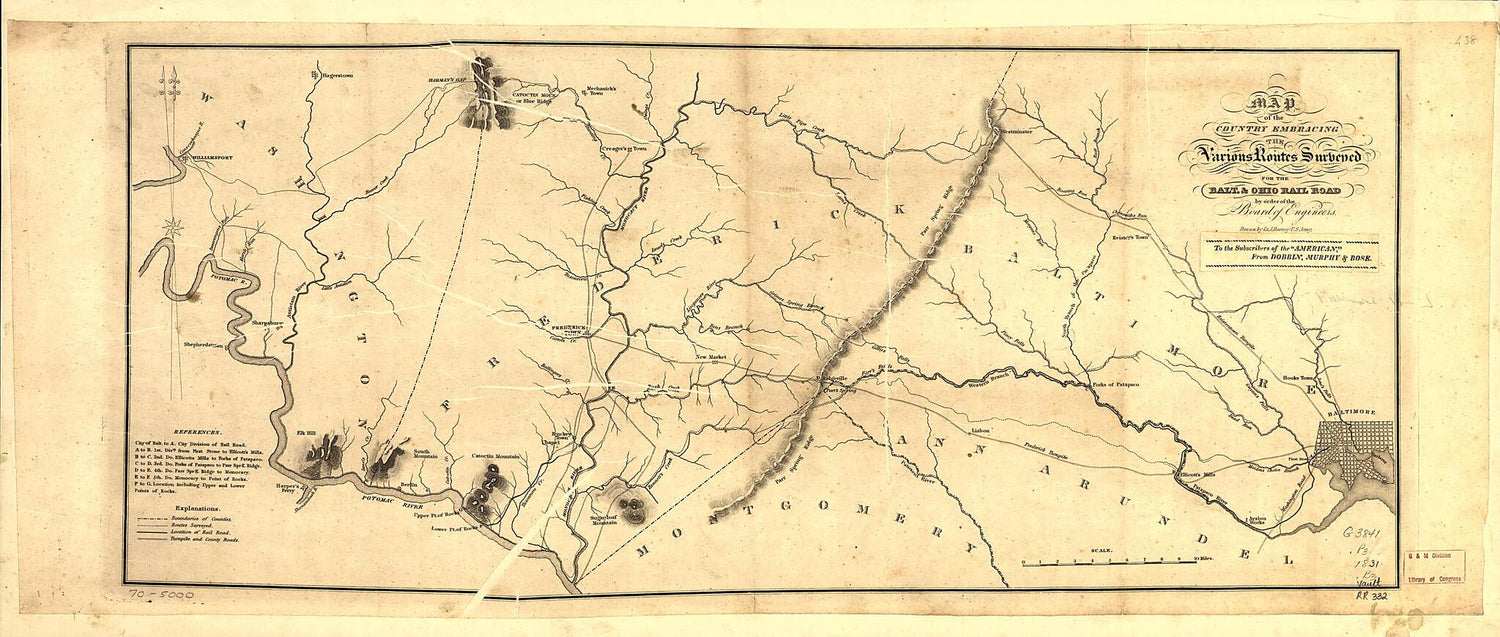 This old map of Map of the Country Embracing the Various Routes Surveyed for the Balt. &amp; Ohio Rail Road by Order of the Board of Engineers from 1831 was created by Joshua Barney in 1831