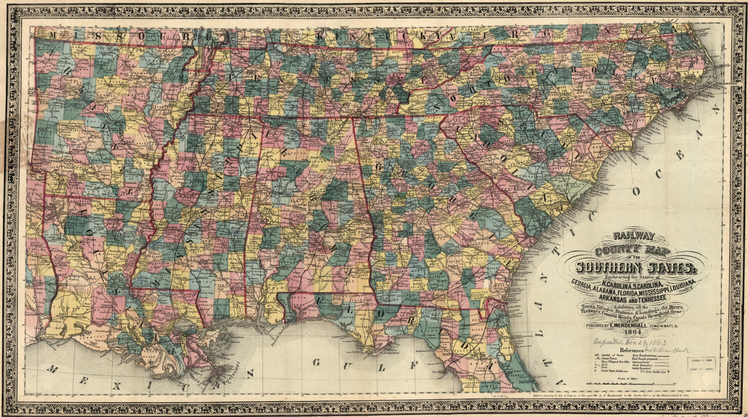 This old map of Railway and County Map of the Southern States; Embracing the States of N. Carolina, S. Carolina, Georgia, Alabama, Florida, Mississippi, Louisiana, Arkansas, and Tennessee Exhibiting All the Towns, Villages, Stations, &amp; Landings; the Rive