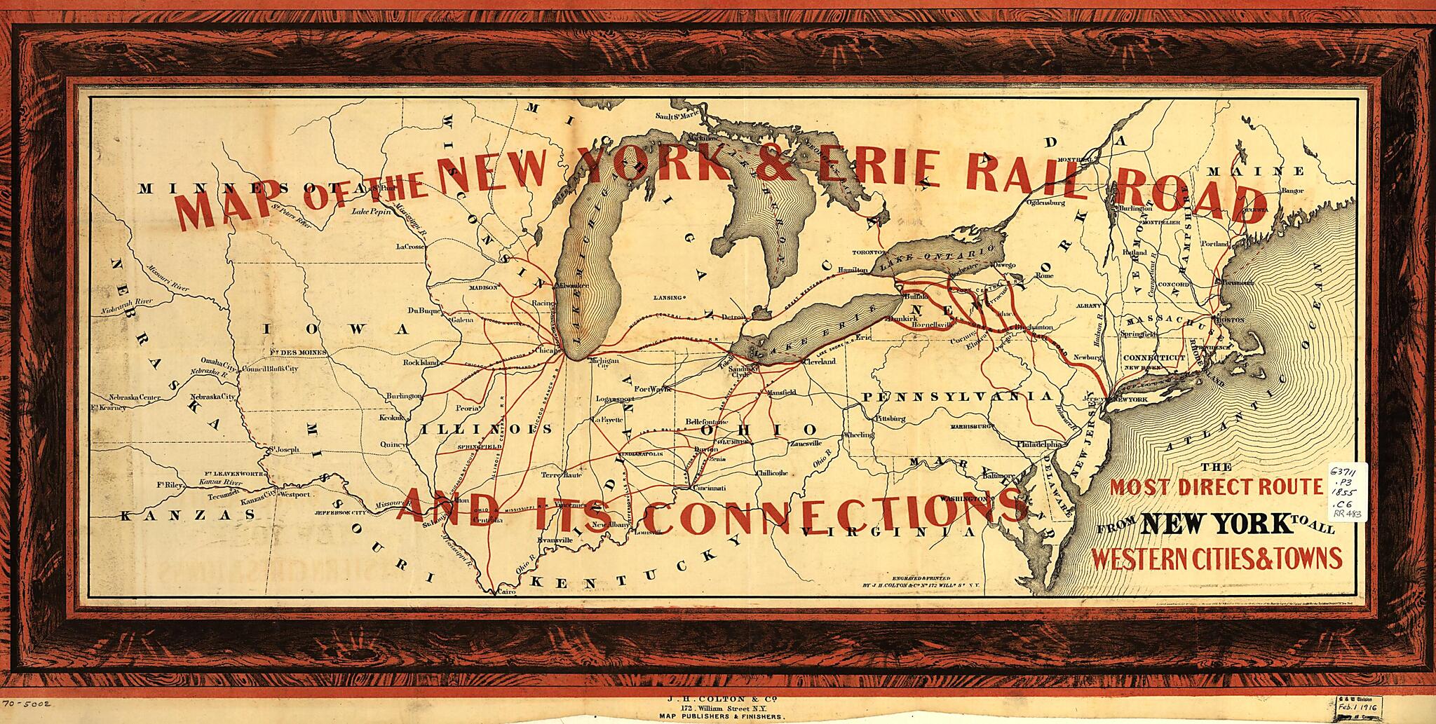 This old map of Map of New York &amp; Erie Rail Road and Its Connections; the Most Direct Route from New York to All Western Cities and Towns from 1855 was created by J. H. (Joseph Hutchins) Colton in 1855