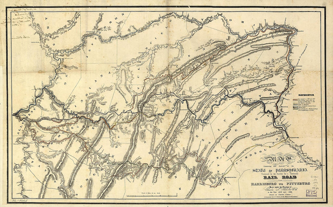 This old map of Map Exhibiting That Portion of the State of Pennsylvania Traversed by the Surveys for a Continuous Rail Road from Harrisburg to Pittsburg Made Under the Direction of Charles L. Schlatter, C.e. In the Year 1839 and from 1840 was created by