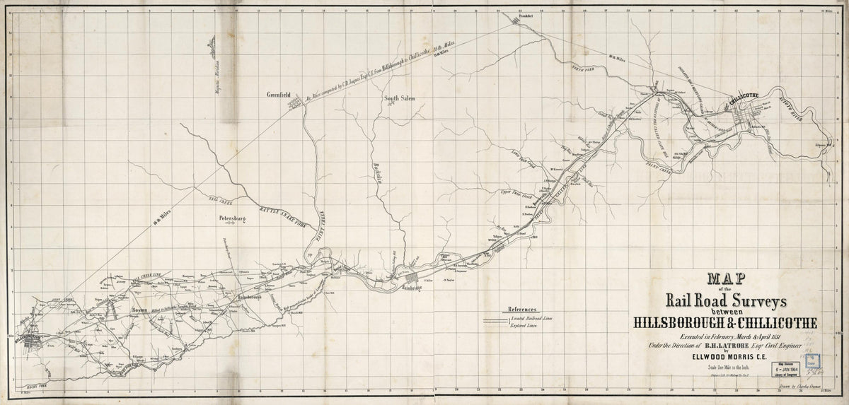 Map of the Rail Road Surveys Between Hillsborough &amp; Chillicothe. Executed In February, March &amp; April 1851 Under the Direction of B. H. Latrobe, Civil Engineer by Relic Map Company