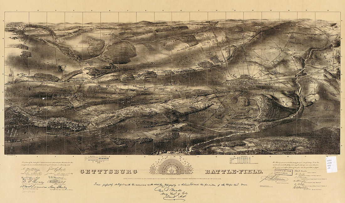 This old map of Gettysburg Battlefield. Battle Fought at Gettysburg, Pennsylvania July 1st, 2d &amp; 3d from 1863 by the Federal and Confederate Armies Commanded Respectively by Genl. G. G. Meade and Genl. Robert E. Lee. (field) was created by John B. (John 