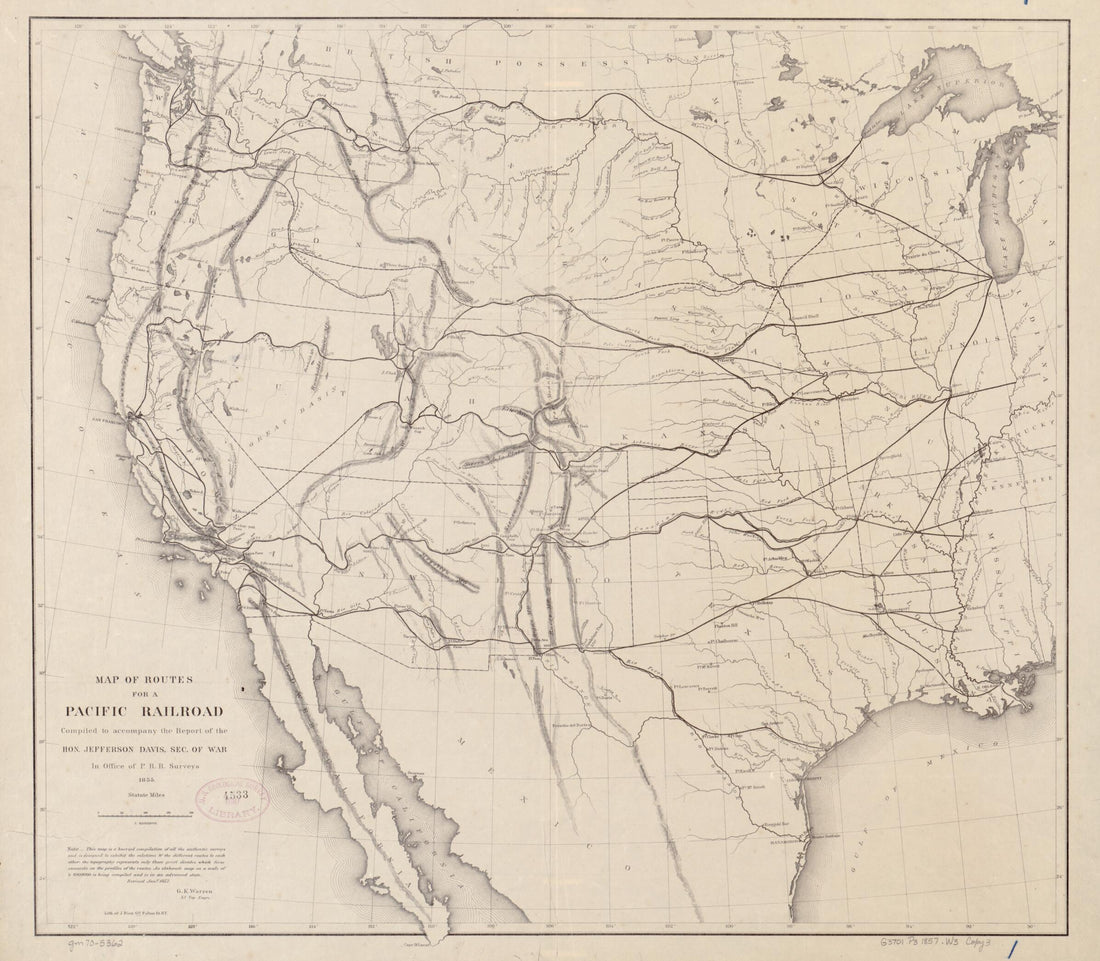 This old map of Map of Routes for a Pacific Railroad, Compiled to Accompany a Report of the Hon. Jefferson Davis, Sec. of War from 1857 was created by Julius Bien, G. K. (Gouverneur Kemble) Warren in 1857