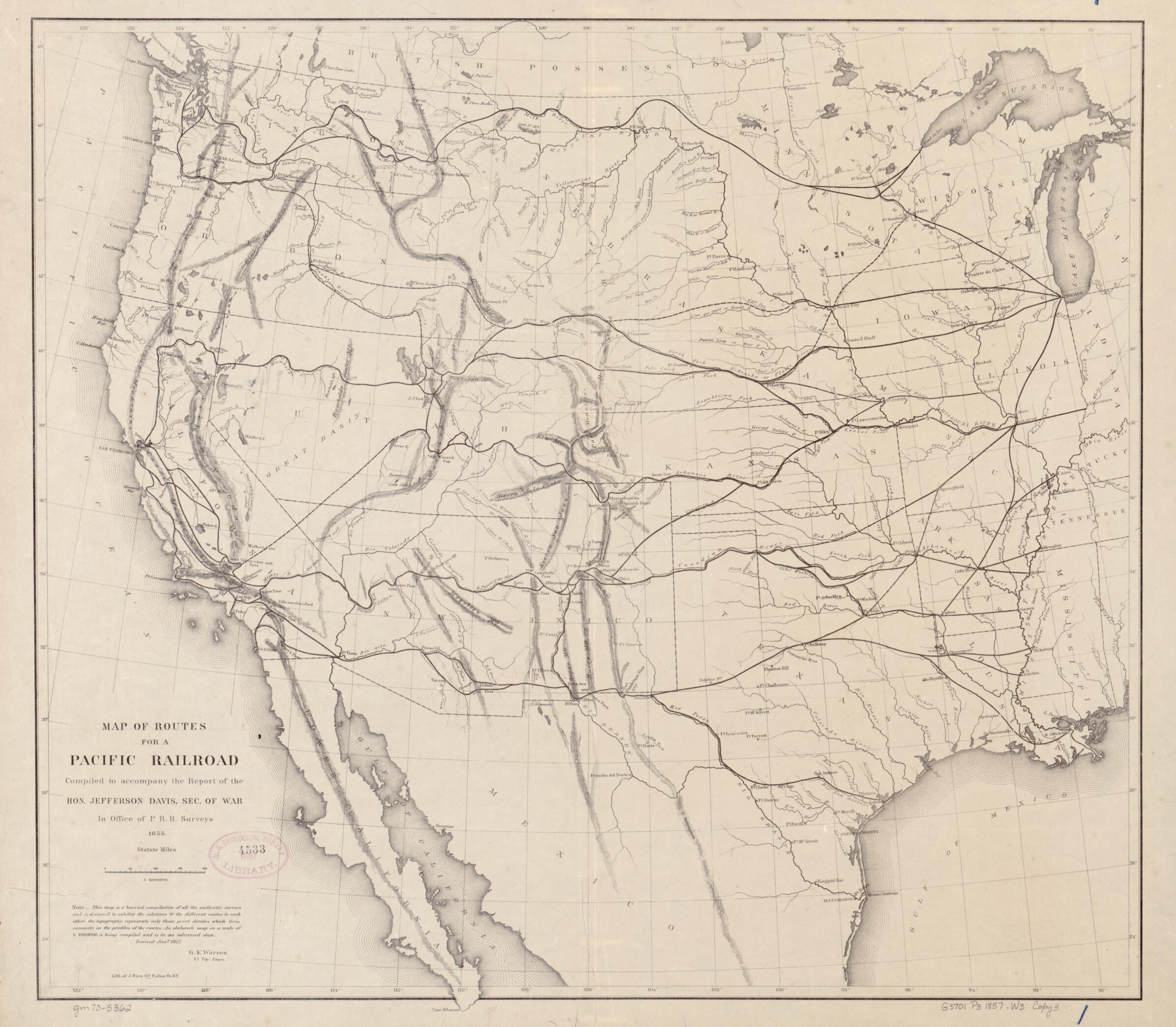 This old map of Map of Routes for a Pacific Railroad, Compiled to Accompany a Report of the Hon. Jefferson Davis, Sec. of War from 1857 was created by Julius Bien, G. K. (Gouverneur Kemble) Warren in 1857