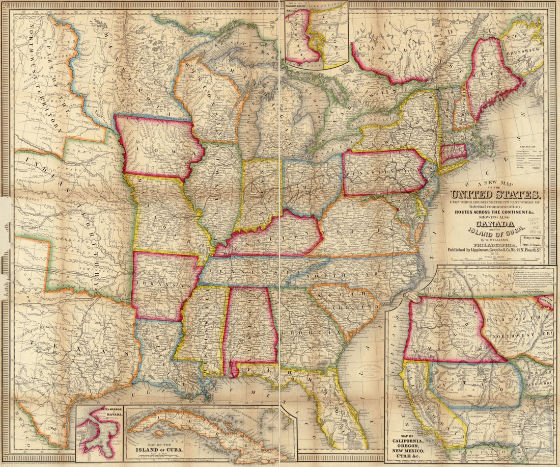 This old map of A New Map of the United States. Upon Which Are Delineated Its Vast Works of Internal Communication, Routes Across the Continent &amp;c. Showing Also Canada and the Island of Cuba from 1851 was created by Grambo &amp; Co Lippincott, W. (Wellington
