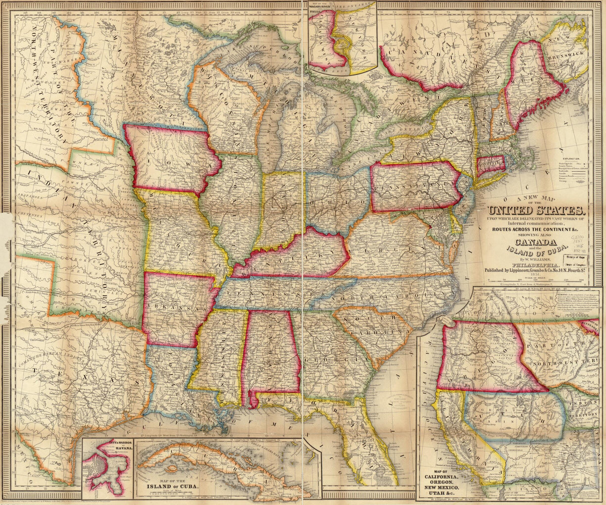 A New Map of the United States. Upon Which Are Delineated Its Vast Works of Internal Communication, Routes Across the Continent &amp;c. Showing Also Canada and the Island of Cuba 1851 by Relic Map Company