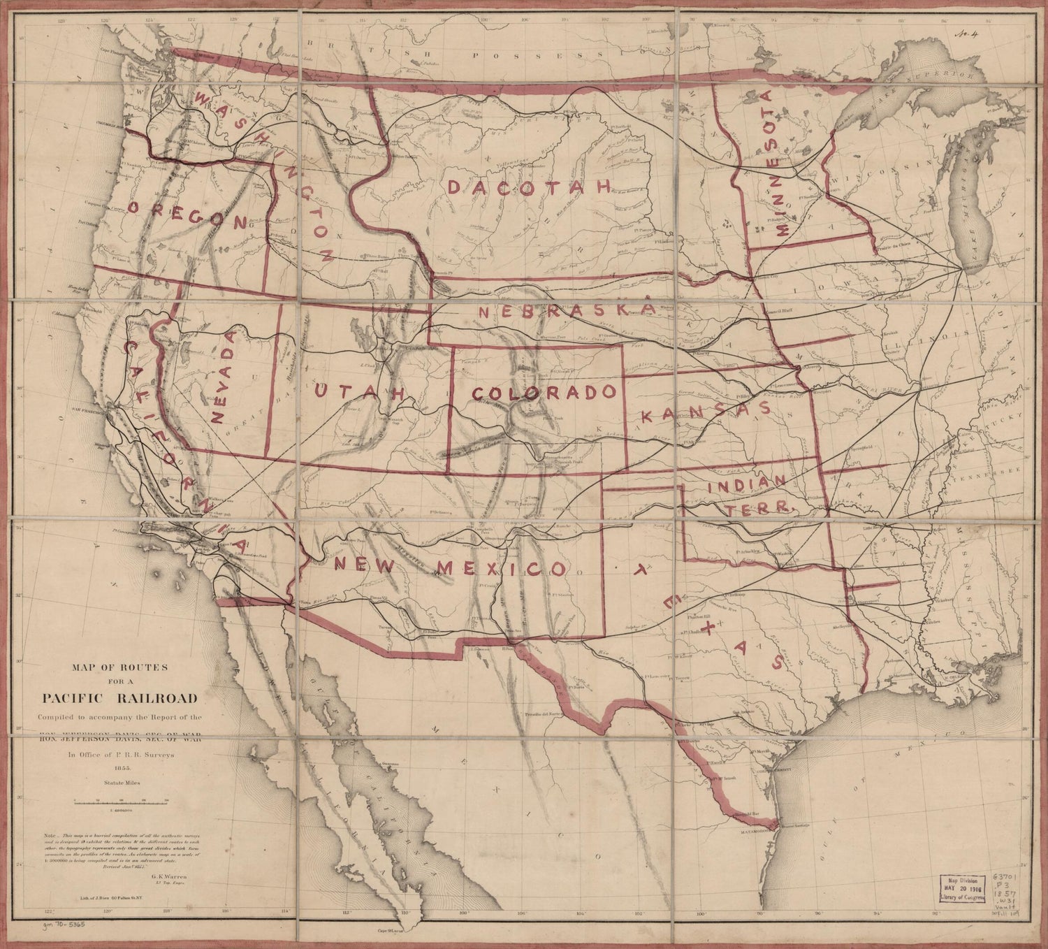 This old map of Map of Routes for a Pacific Railroad, Compiled to Accompany the Report of the Hon. Jefferson Davis, Sec. of War from 1855 was created by Julius Bien, Jefferson Davis, Millard Fillmore,  United States. War Department, G. K. (Gouverneur Kem