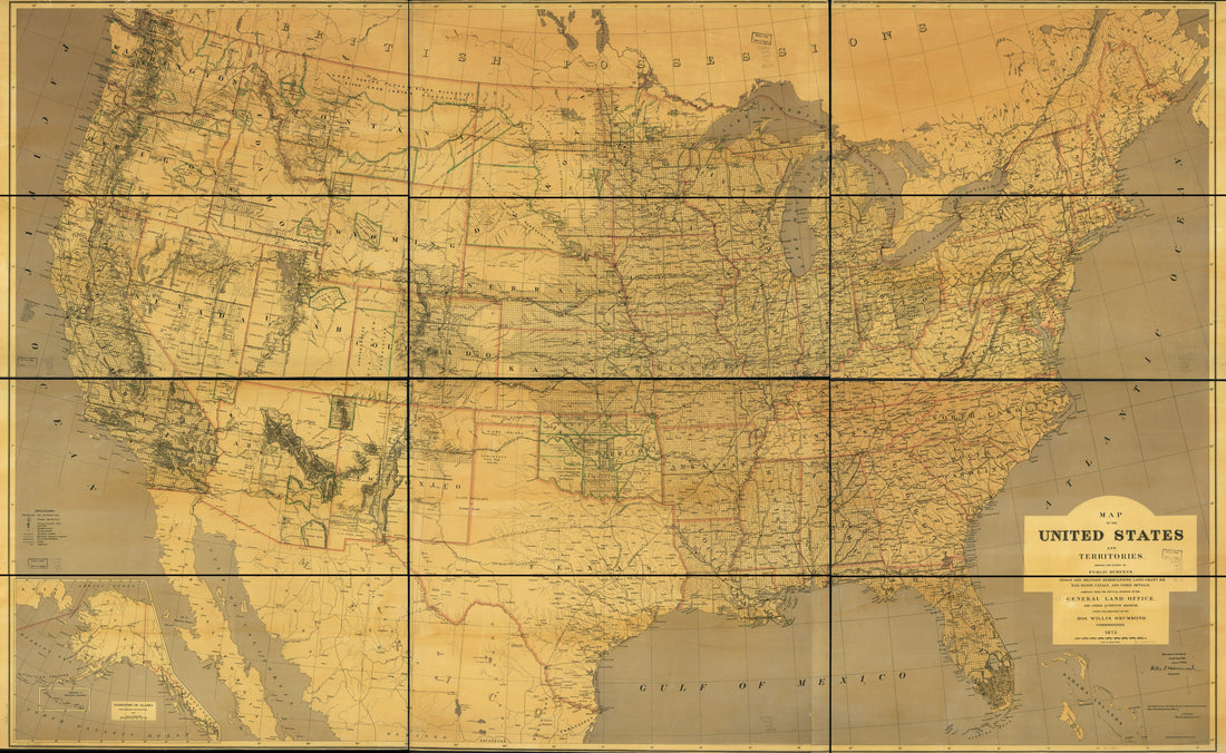 This old map of Map of the United States and Territories Showing the Extent of Public Surveys, Indian and Military Reservations, Land Grant R.R.; Rail Roads, Canals, and Other Details from 1873 was created by  United States. General Land Office in 1873