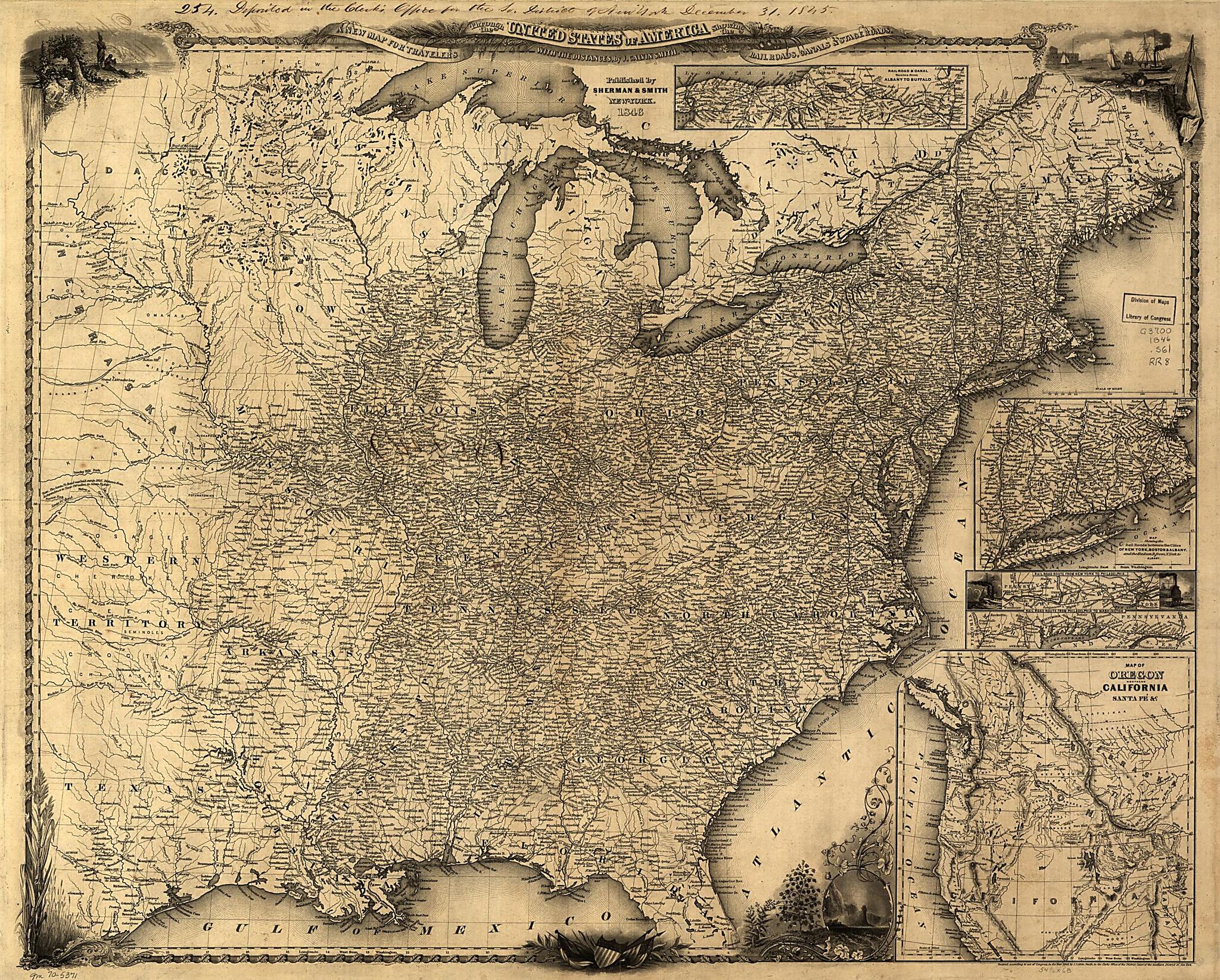 This old map of A New Map for Travelers Through the United States of America Showing the Railroads, Canals &amp; Stage Roads With the Distances from 1846 was created by  Sherman &amp; Smith, J. Calvin (John Calvin) Smith in 1846