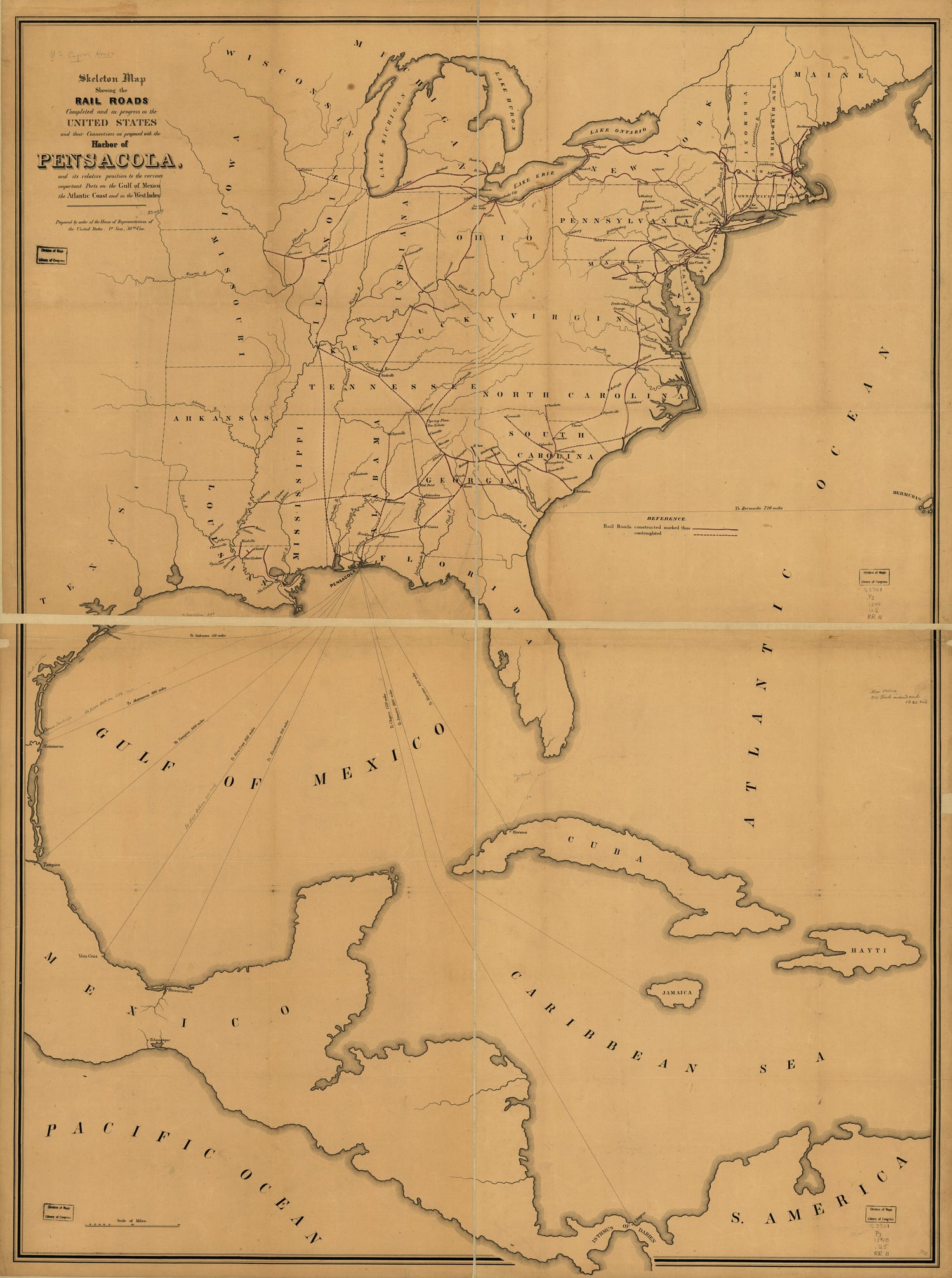 This old map of Skeleton Map Showing the Rail Roads Completed and In Progress In the United States and Their Connection As Proposed With the Harbor of Pensacola, and Its Relative Position to the Various Important Ports On the Gulf of Mexico, the Atlantic