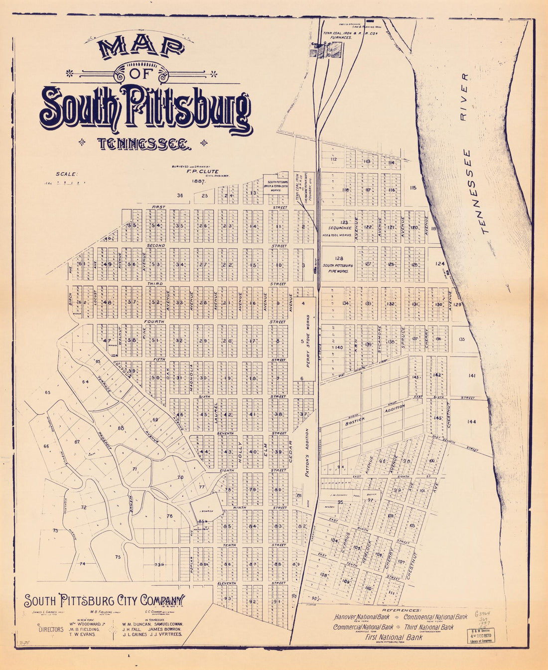 This old map of Map of South Pittsburg, Tennessee from 1887 was created by F. P. Clute,  South Pittsburg City Company in 1887