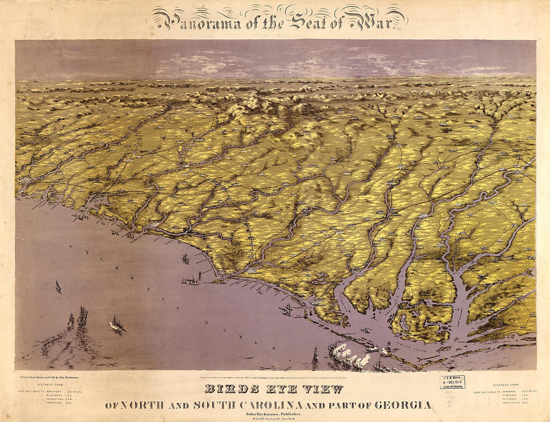 This old map of Panorama of the Seat of War; Birds Eye View of North and South Carolina and Part of Georgia from 1861 was created by John Bachmann in 1861