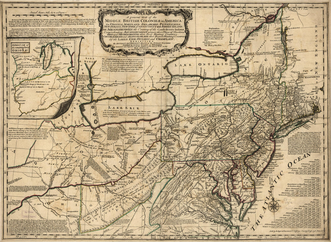 This old map of Jersey, New-York, Connecticut, and Rhode-Island: of Aquanishuonîgy the Country of the Confederate Indians Comprehending Aquanishuonigy Proper, Their Places of Residence, Ohio and Thuchsochruntie Their Deer Hunting Countries, Couchsachrag