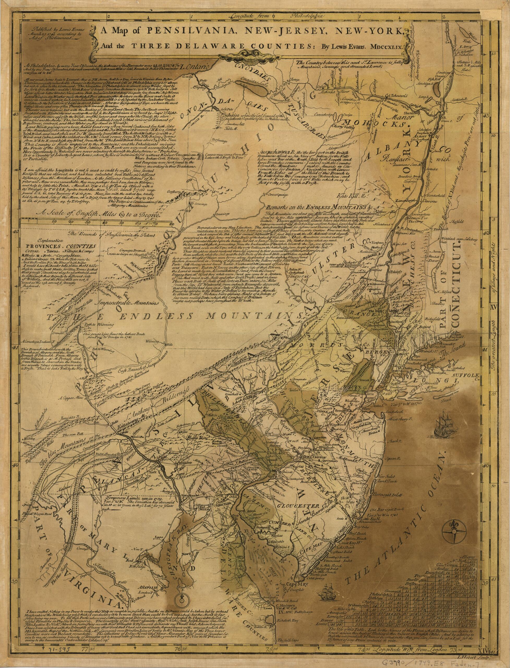 This old map of Jersey, New-York, and the Three Delaware Counties from 1749 was created by Lewis Evans, L. Hebert in 1749