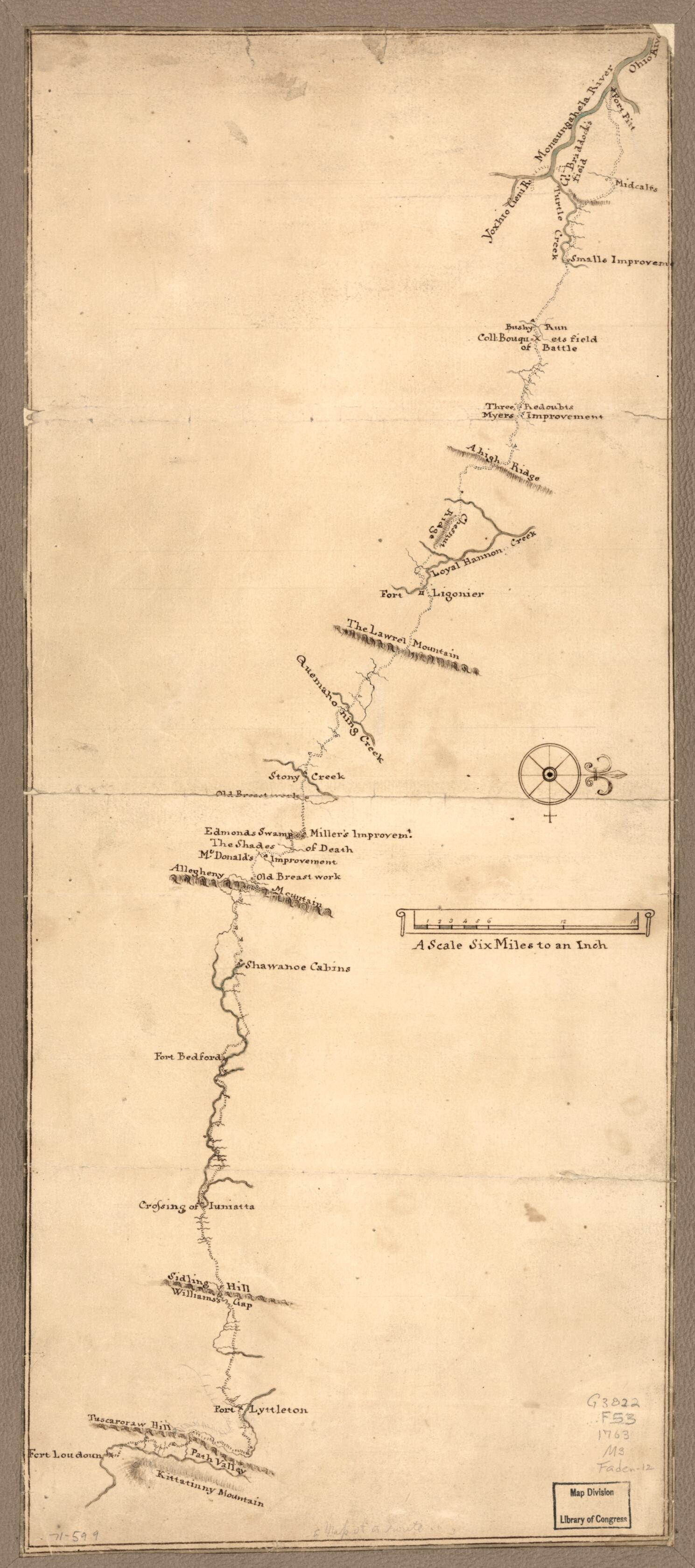 This old map of Map of a Route Through South West Pennsylvania from Fort Loudon, Franklin Co. to Fort Pitt, Pittsburgh from 1763 was created by  in 1763