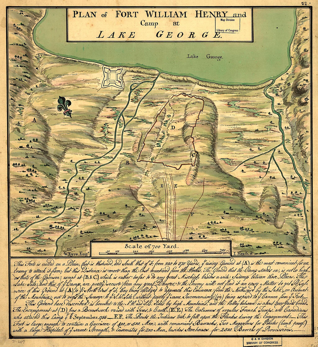 This old map of Plan of Fort William Henry and Camp at Lake George from 1755 was created by William Eyre, Joseph Heath in 1755