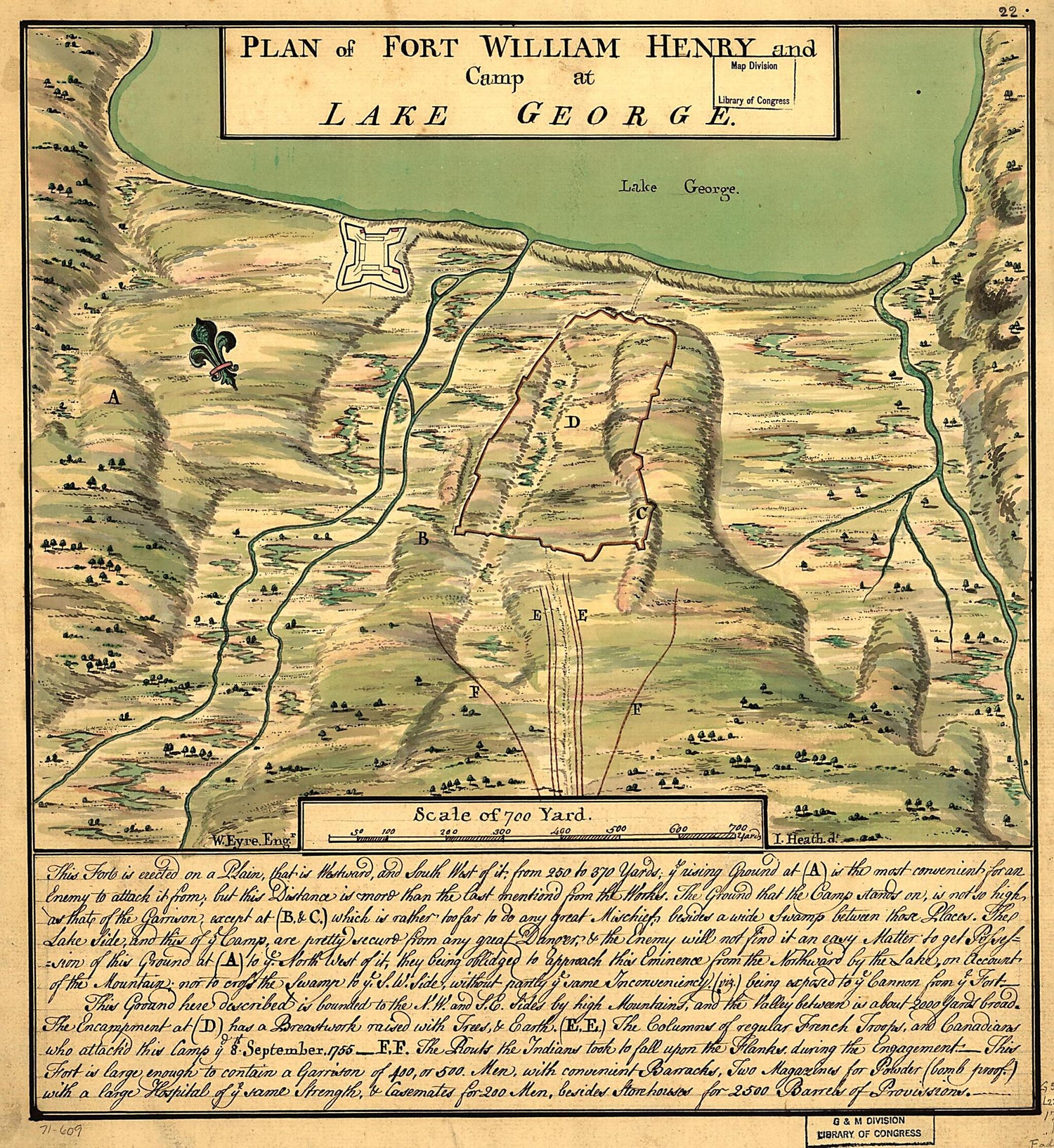 This old map of Plan of Fort William Henry and Camp at Lake George from 1755 was created by William Eyre, Joseph Heath in 1755