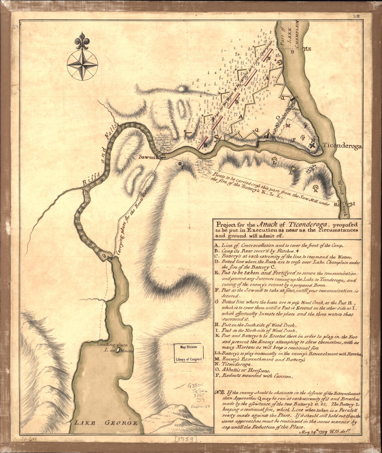 This old map of Project for the Attack of Ticonderoga, Proposed to Be Put In Execution As Near As the Circumstances and Ground Will Admit Of. May 29th. from 1759 was created by William Brasier in 1759
