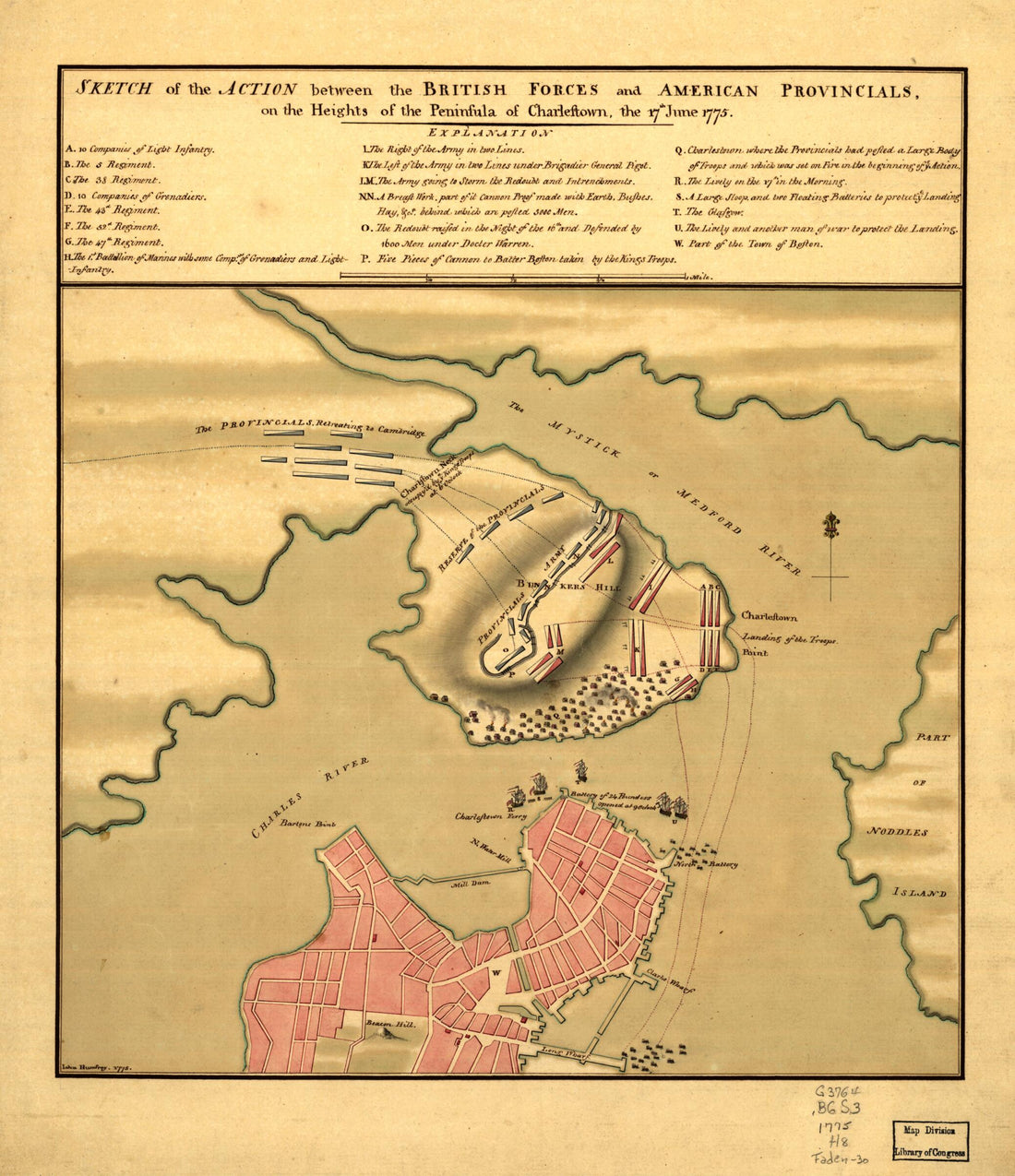 This old map of Sketch of the Action Between the British Forces and American Provincials, On the Heights of the Peninsula of Charlestown, the 17th June from 1775 was created by John Humfrey in 1775