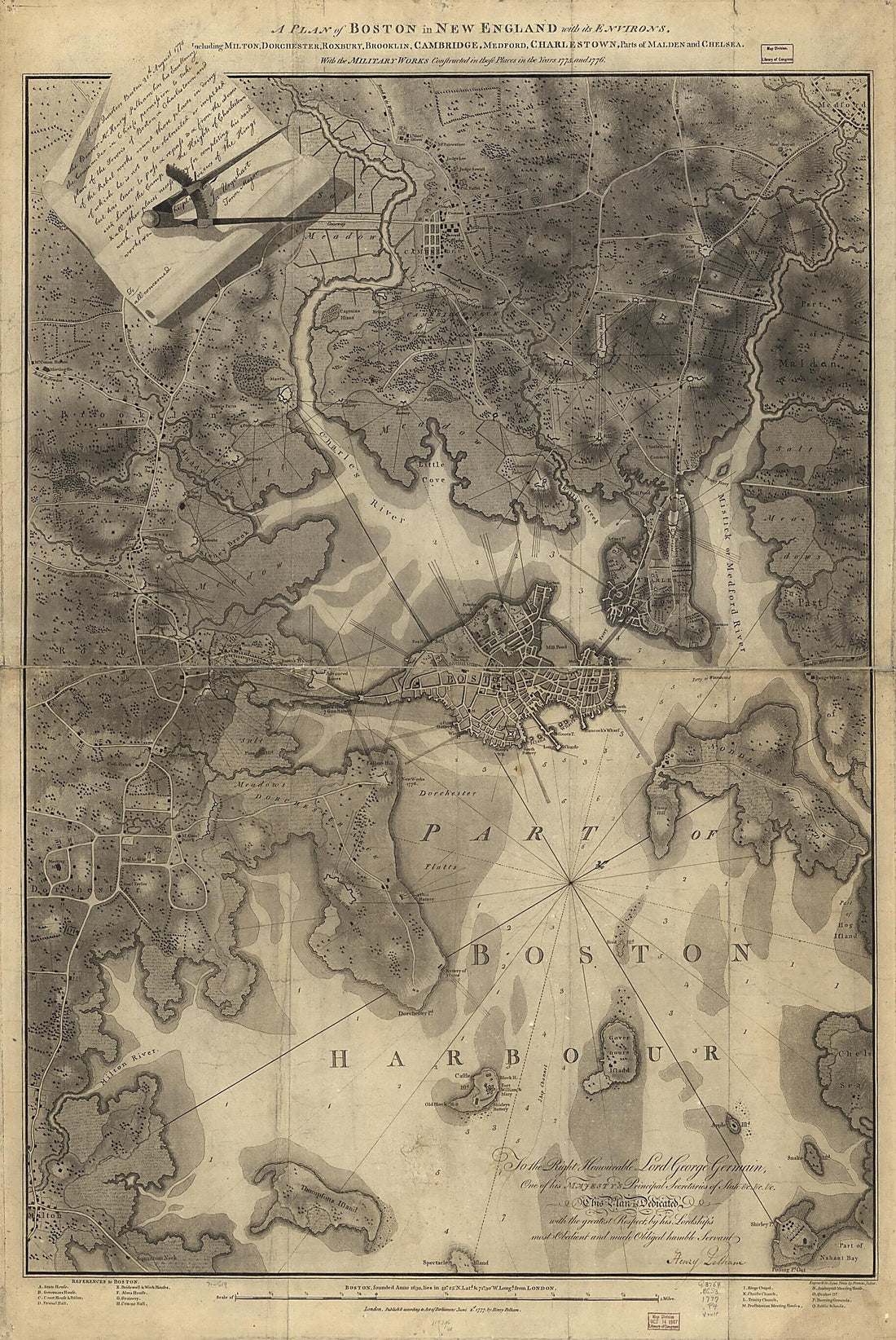 This old map of A Plan of Boston In New England With Its Environs, Including Milton, Dorchester, Roxbury, Brooklin, Cambridge, Medford, Charlestown, Parts of Malden and Chelsea With the Military Works Constructed In Those Places In the Years 1775 and 177