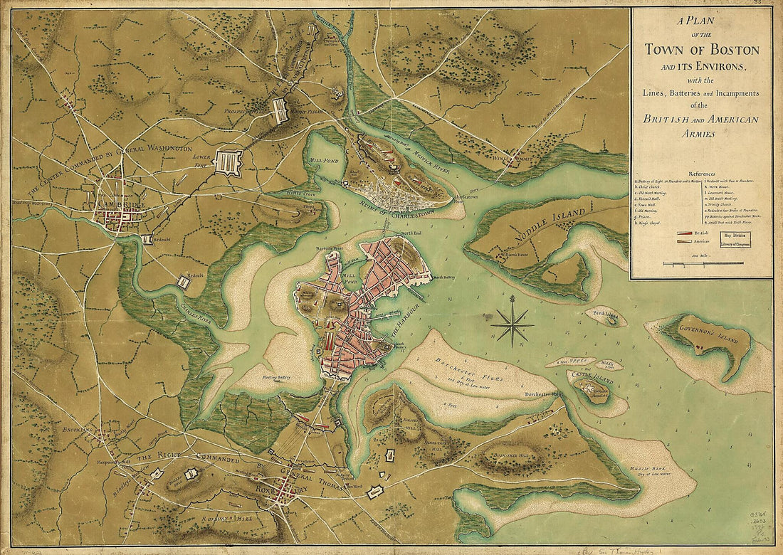 This old map of A Plan of the Town of Boston and Its Environs, With the Lines, Batteries, and Incampments of the British and American Armies from 1776 was created by Thomas Hyde [Page in 1776