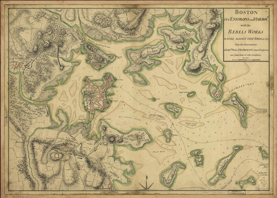 This old map of Boston, Its Environs and Harbour, With the Rebels Works Raised Against That Town In from 1775 was created by Thomas Hyde Page in 1775