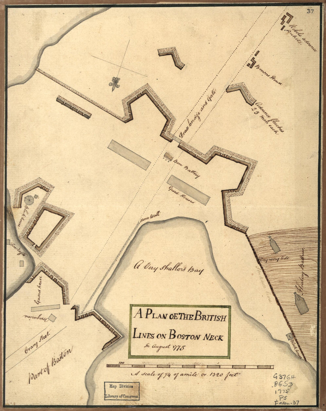 This old map of A Plan Oe i.e. Of the British Lines On Boston Neck In August from 1775 was created by  in 1775