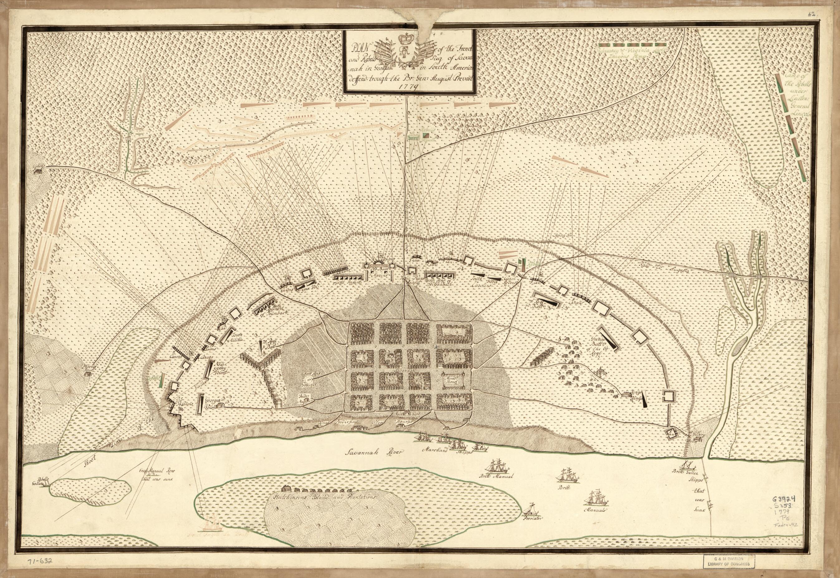 This old map of Plan of the French and Rebells Siege of Savannah In Georgia, In South sic America, Deffend: Through the Br: Gen: August Prevost, from 1779 was created by Augustine Prévost in 1779