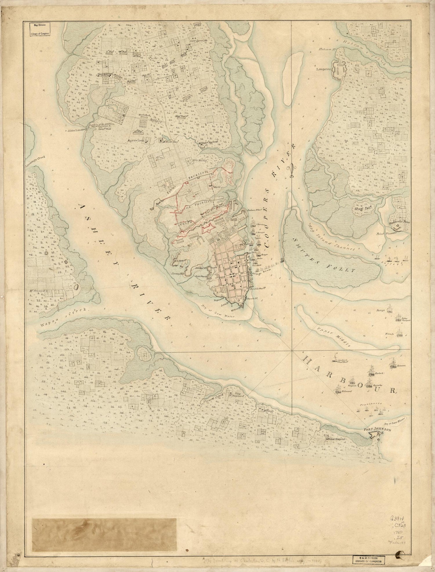 This old map of The Investiture of Charleston, S.C. by the English Army, In from 1780. With the Position of Each Corps was created by  in 1780