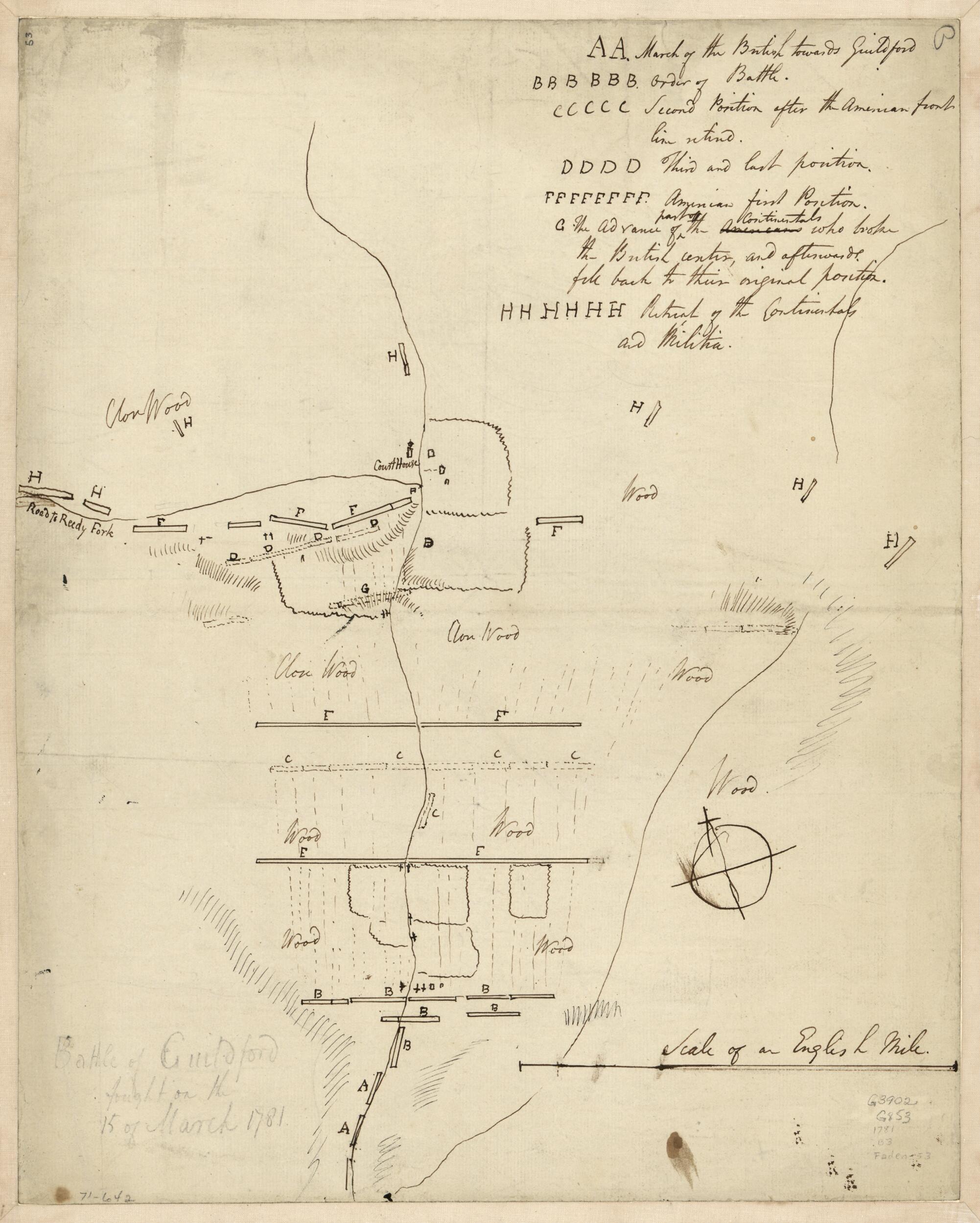 This old map of Battle of Guildford Fought On the 15 of March from 1781 was created by  in 1781