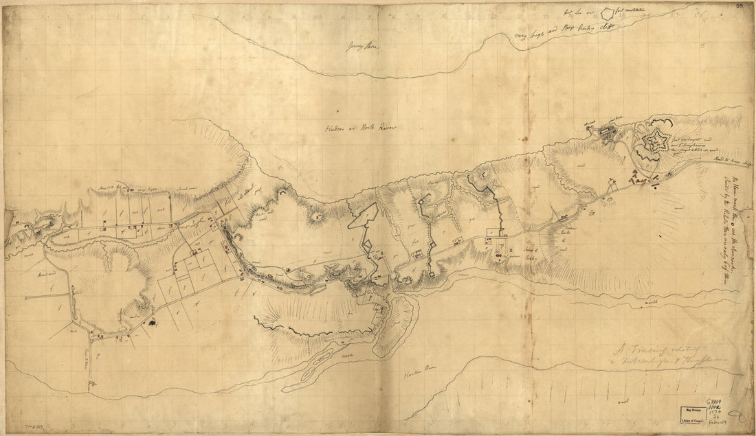 This old map of A Tracing Relating to Fort Washington Or Knyphausen from 1776 was created by Claude Joseph Sauthier in 1776