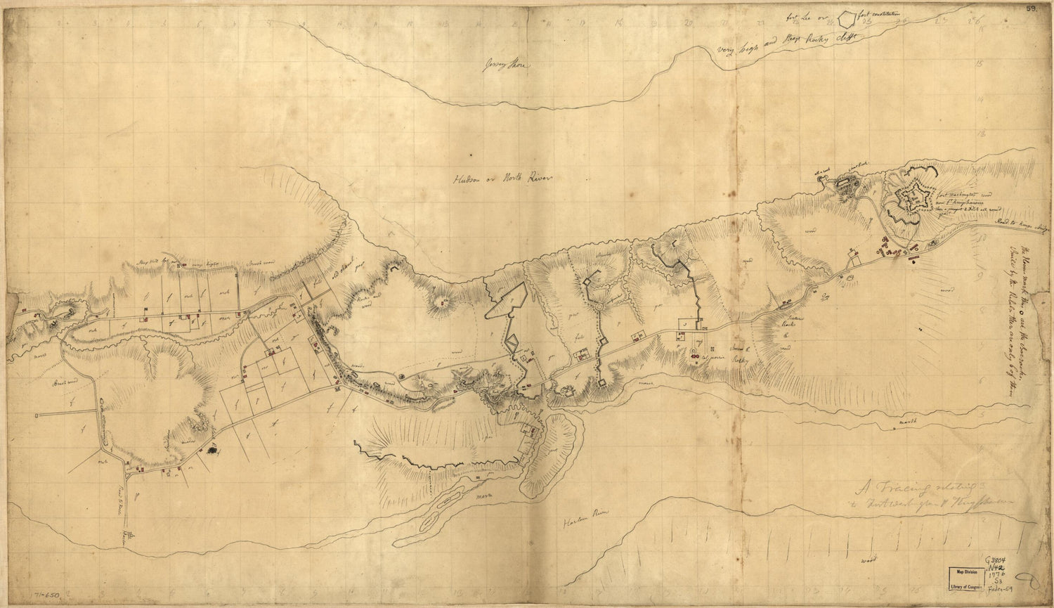 This old map of A Tracing Relating to Fort Washington Or Knyphausen from 1776 was created by Claude Joseph Sauthier in 1776