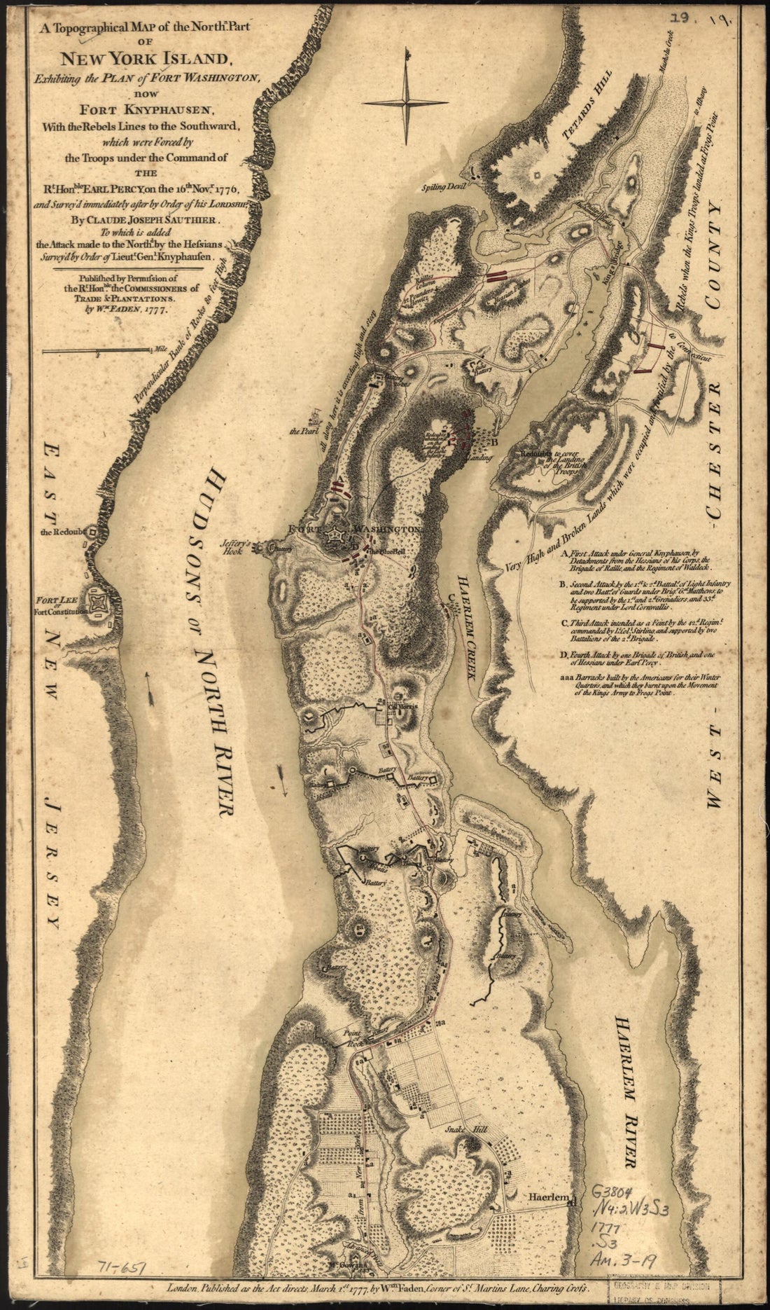 This old map of A Topographical Map of the Northn. Part of New York Island, Exhibiting the Plan of Fort Washington, Now Fort Knyphausen, With the Rebels Lines to the Southward, Which Were Forced by the Troops Under the Command of the Rt. Honble. Earl Per