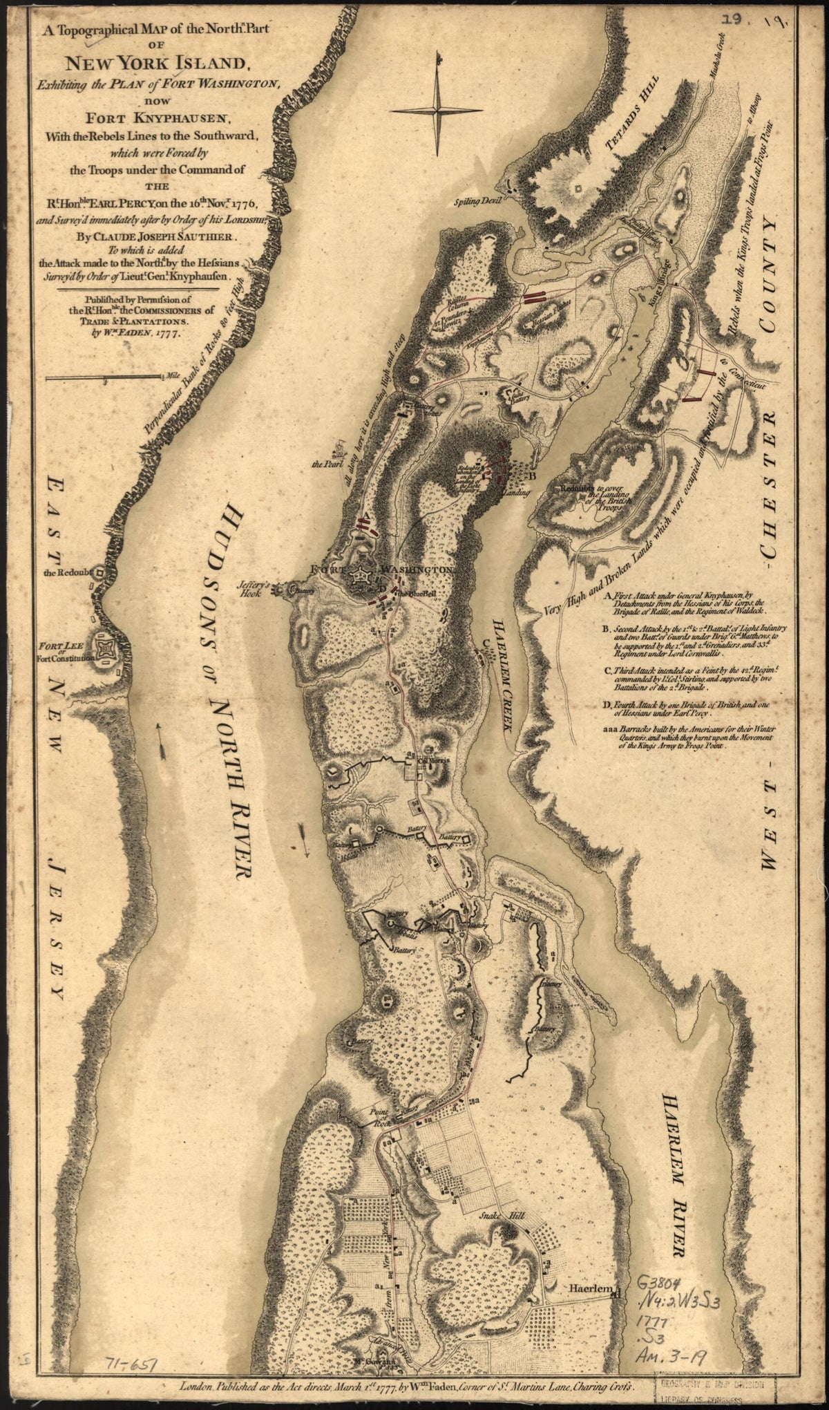 A Topographical Map of the Northn. Part of New York Island, Exhibiting the Plan of Fort Washington, Now Fort Knyphausen, With the Rebels Lines to the Southward, Which Were Forced by the Troops Under the Command of the Rt. Honble. Earl Percy, On the 16... by Relic Map Company