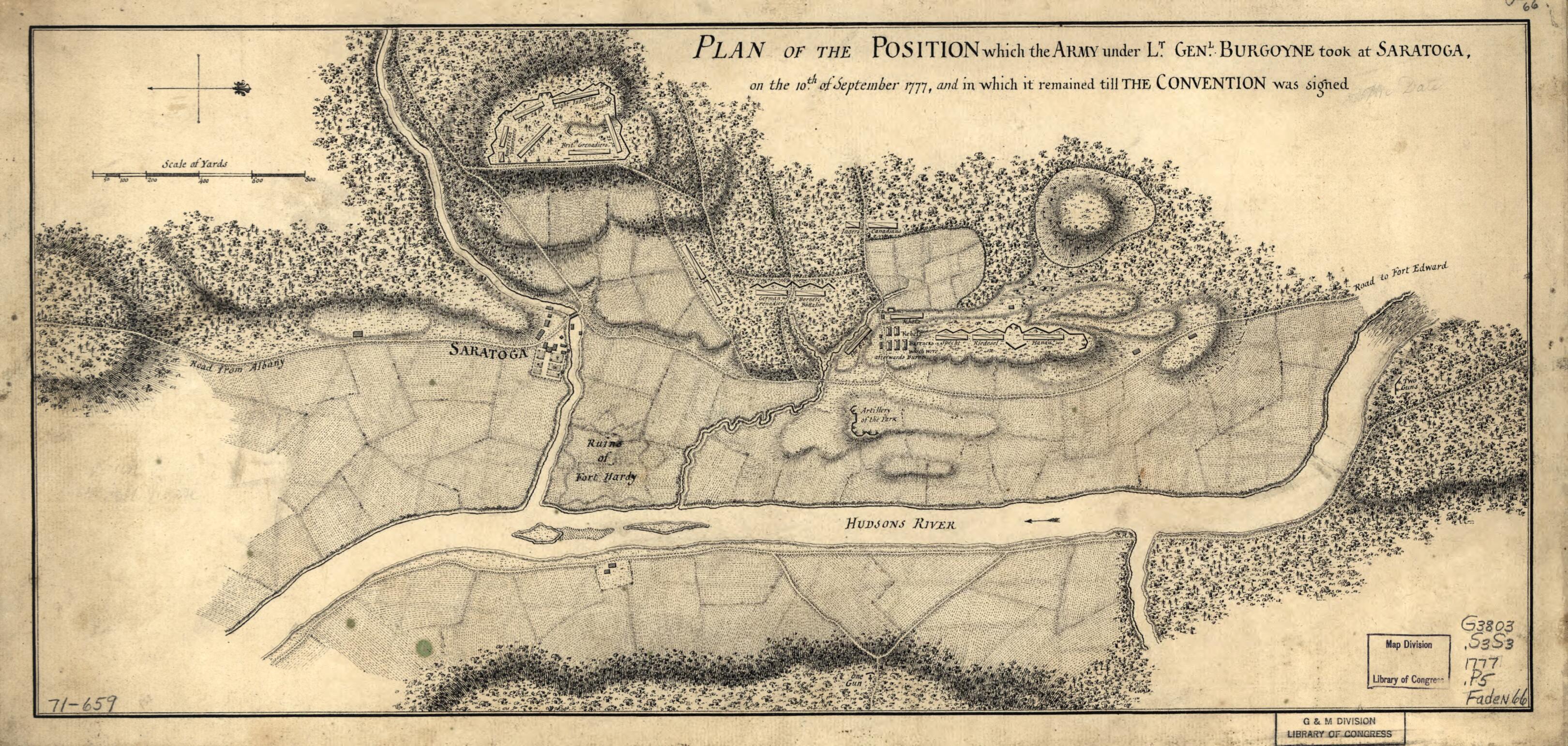 This old map of Plan of the Position Which the Army Under Lt. Genl. Burgoyne Took at Saratoga, On the 10th of September from 1777, and In Which It Remained Till the Convention Was Signed was created by  in 1777