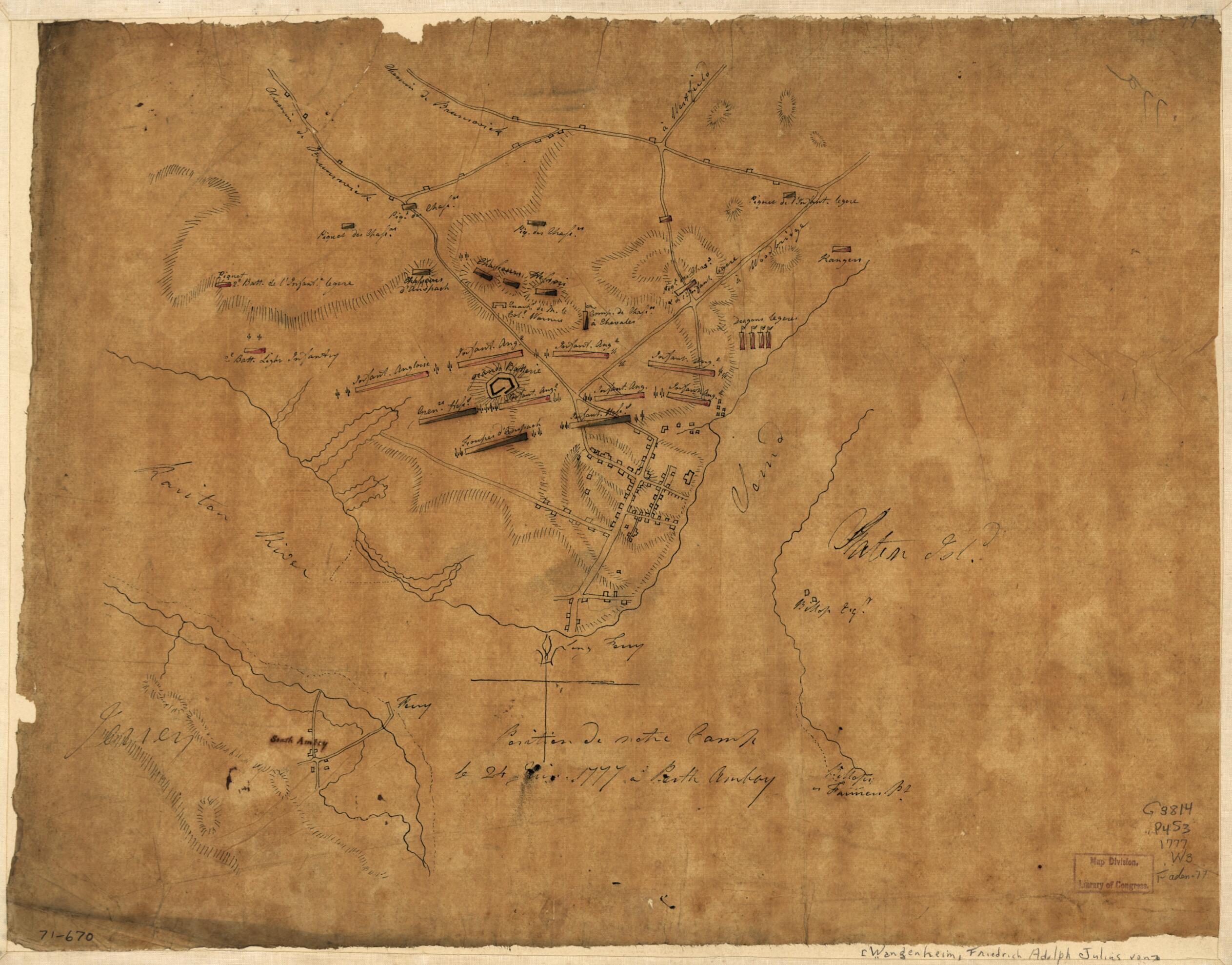 This old map of Position De Notre Camp Le 24 Juin from 1777 à Perth Amboy was created by Friedrich Adam Julius Von Wangenheim in 1777