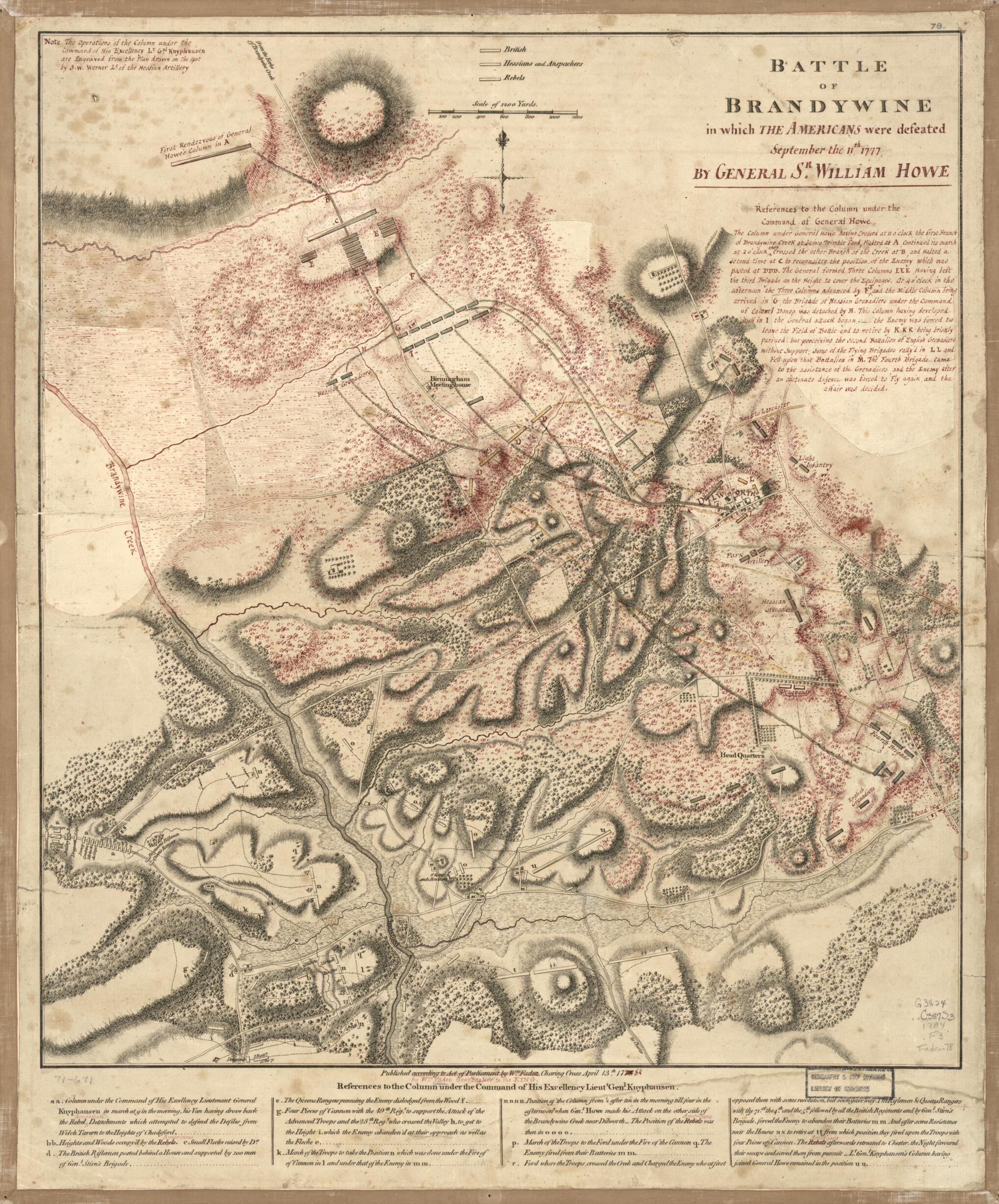 This old map of Battle of Brandywine In Which the Americans Were Defeated : September the 11th, 1777 by General Sr. William Howe from 1784 was created by William Faden, S. W. Werner in 1784