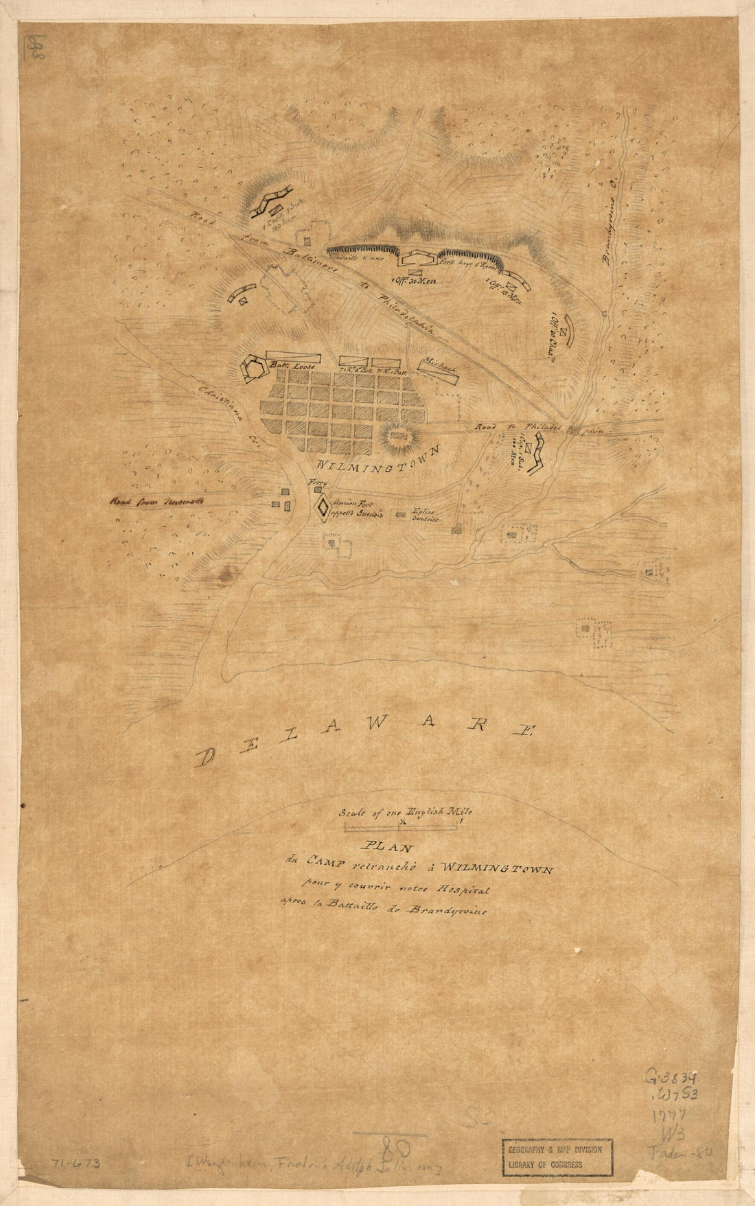 This old map of Plan Du Camp Retranchè à Wilmington Pour Y Couvrir Notre Hospital Apres La Battaille De Brandywine from 1777 was created by Friedrich Adam Julius Von Wangenheim in 1777