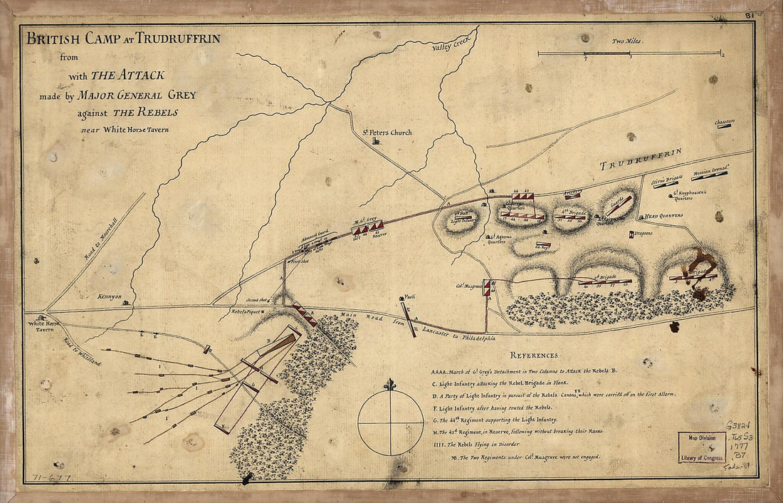 This old map of British Camp at Trudruffrin from sic With the Attack Made by Major General Grey Against the Rebels Near White Horse Tavern from 1777 was created by  in 1777