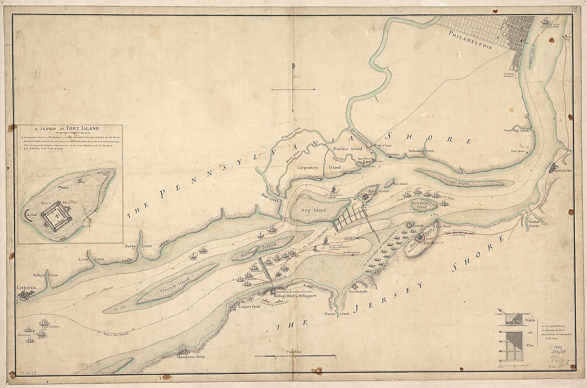 This old map of The Course of Delaware River from Philadelphia to Chester, Exhibiting the Several Works Erected by the Rebels to Defend Its Passage, With the Attacks Made Upon Them by His Majesty&