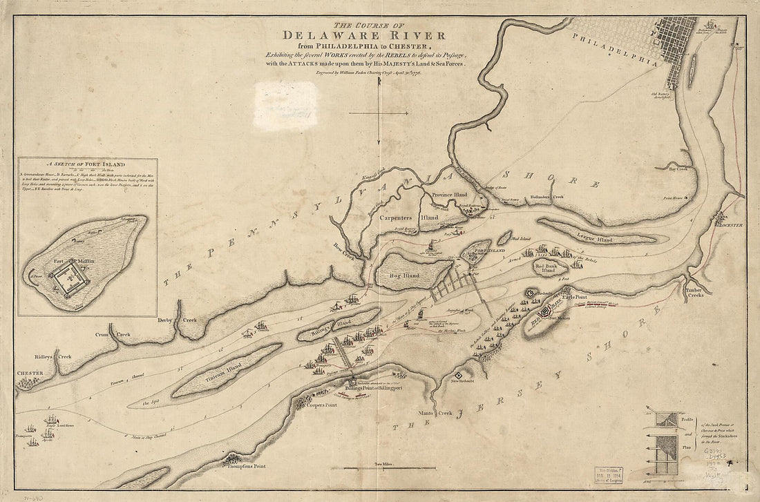 This old map of The Course of Delaware River from Philadelphia to Chester, Exhibiting the Several Works Erected by the Rebels to Defend Its Passage, With the Attacks Made Upon Them by His Majesty&