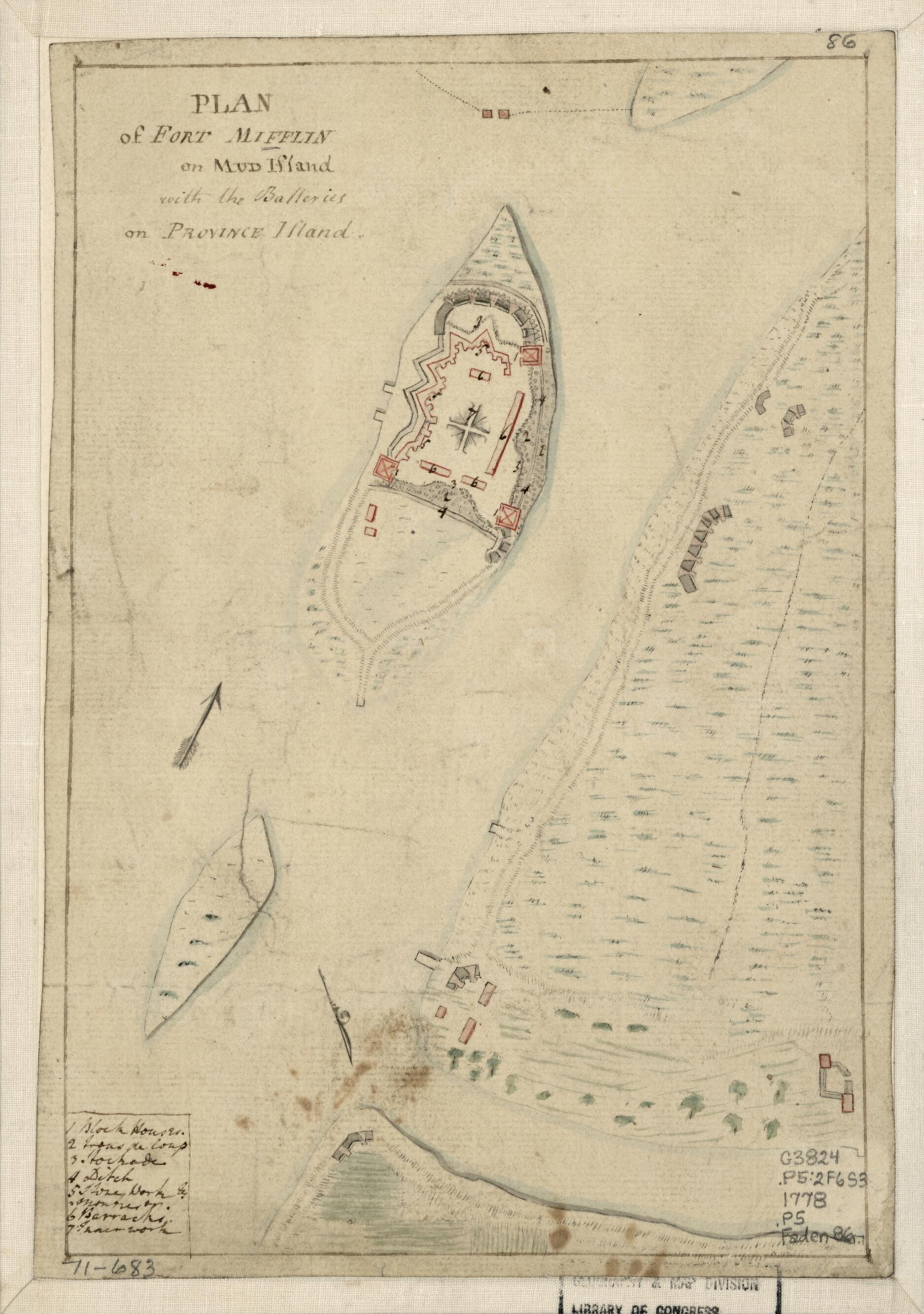 This old map of Plan of Fort Mifflin On Mud Island, With the Batteries On Province Island from 1778 was created by  in 1778