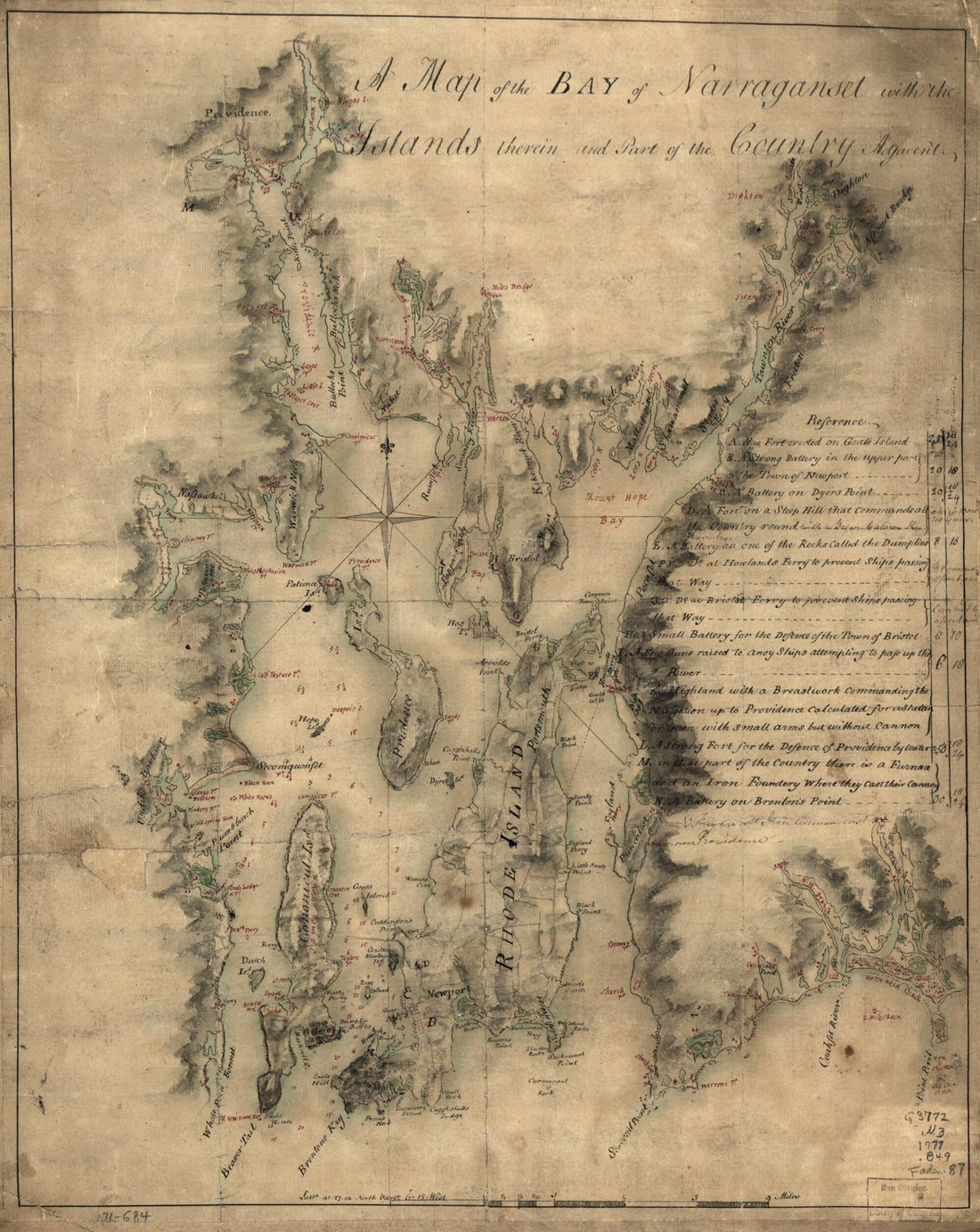 This old map of A Map of the Bay of Narraganset With the Islands Therein and Part of the Country Adjacent from 1777 was created by Charles Blaskowitz in 1777