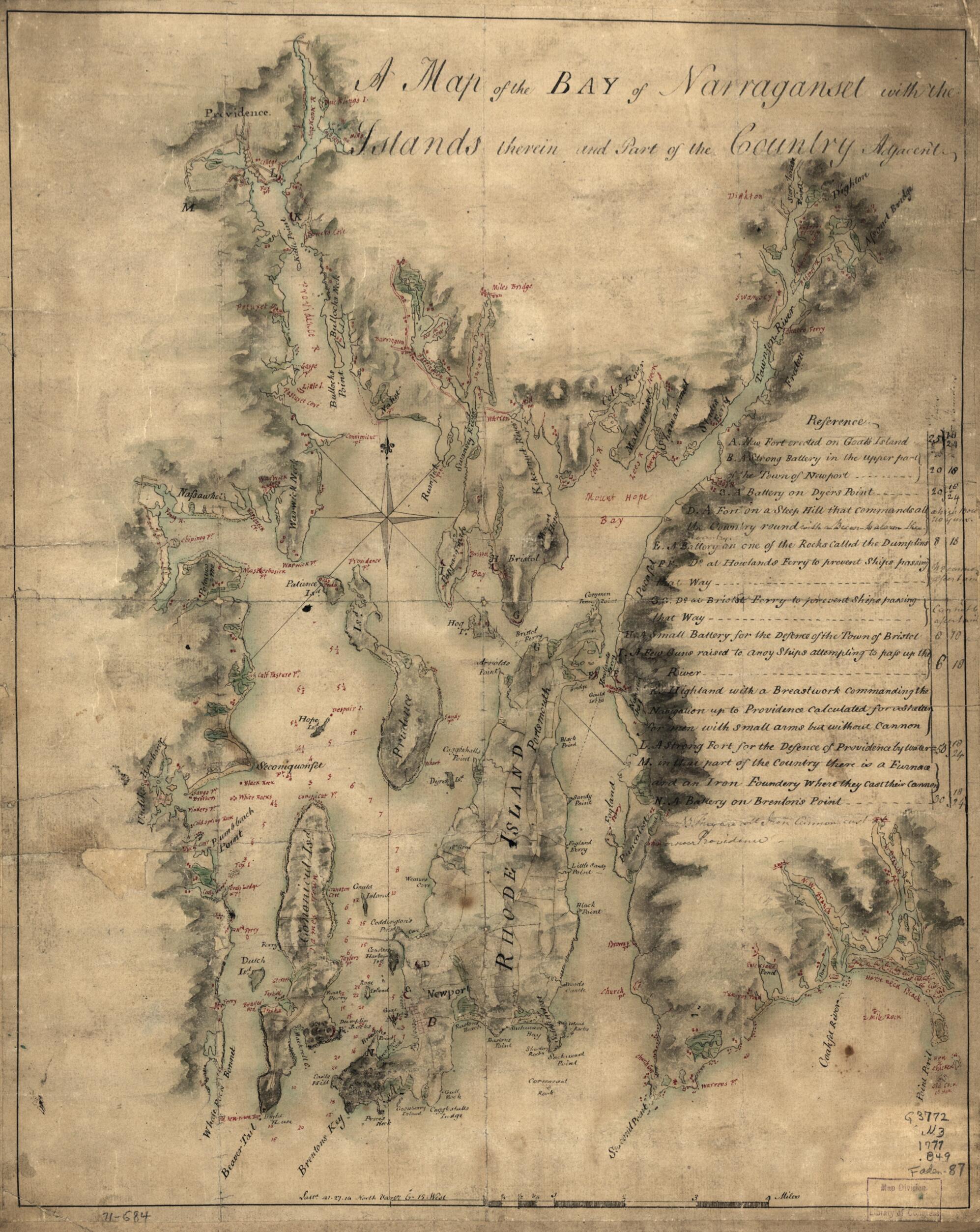 This old map of A Map of the Bay of Narraganset With the Islands Therein and Part of the Country Adjacent from 1777 was created by Charles Blaskowitz in 1777